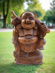 Happy Laughing Lucky Buddha Statue Mahogany Wood Hand Carved 16"x 10"x 6"