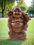 Happy Laughing Lucky Buddha Statue Mahogany Wood Hand Carved 16"x 10"x 6"