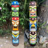 2 Set of Colorful Tiki Totem Masks Hand Carved 3 Face Tropical Bar Patio Decor 39"x 6"in
