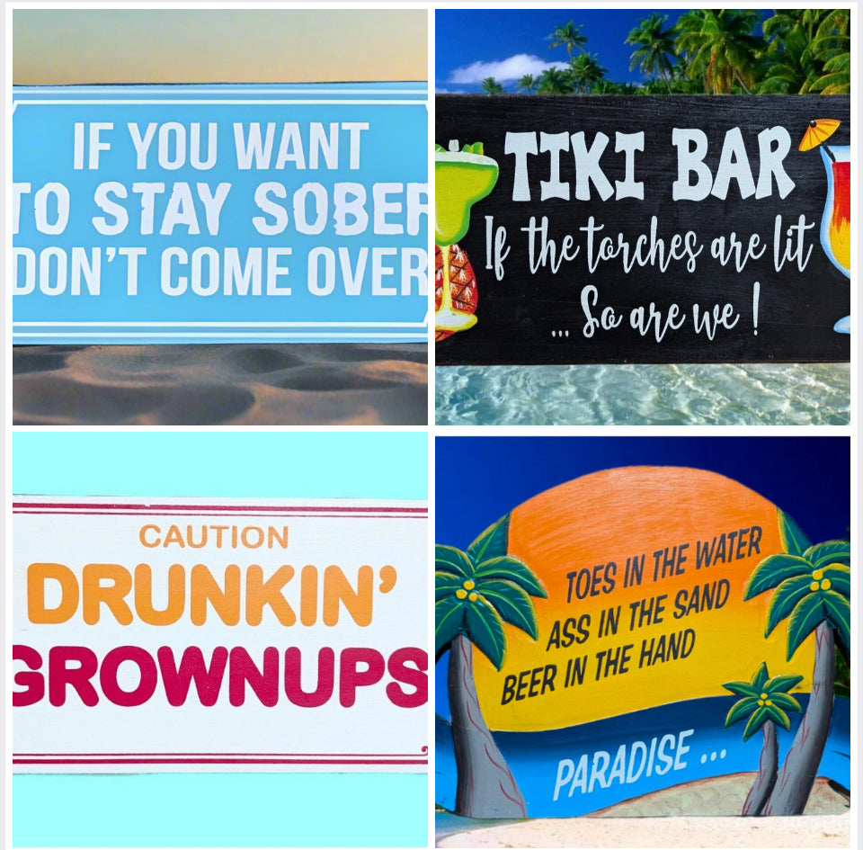 Collage of colorful beach signs with humorous quotes about drinking and paradise