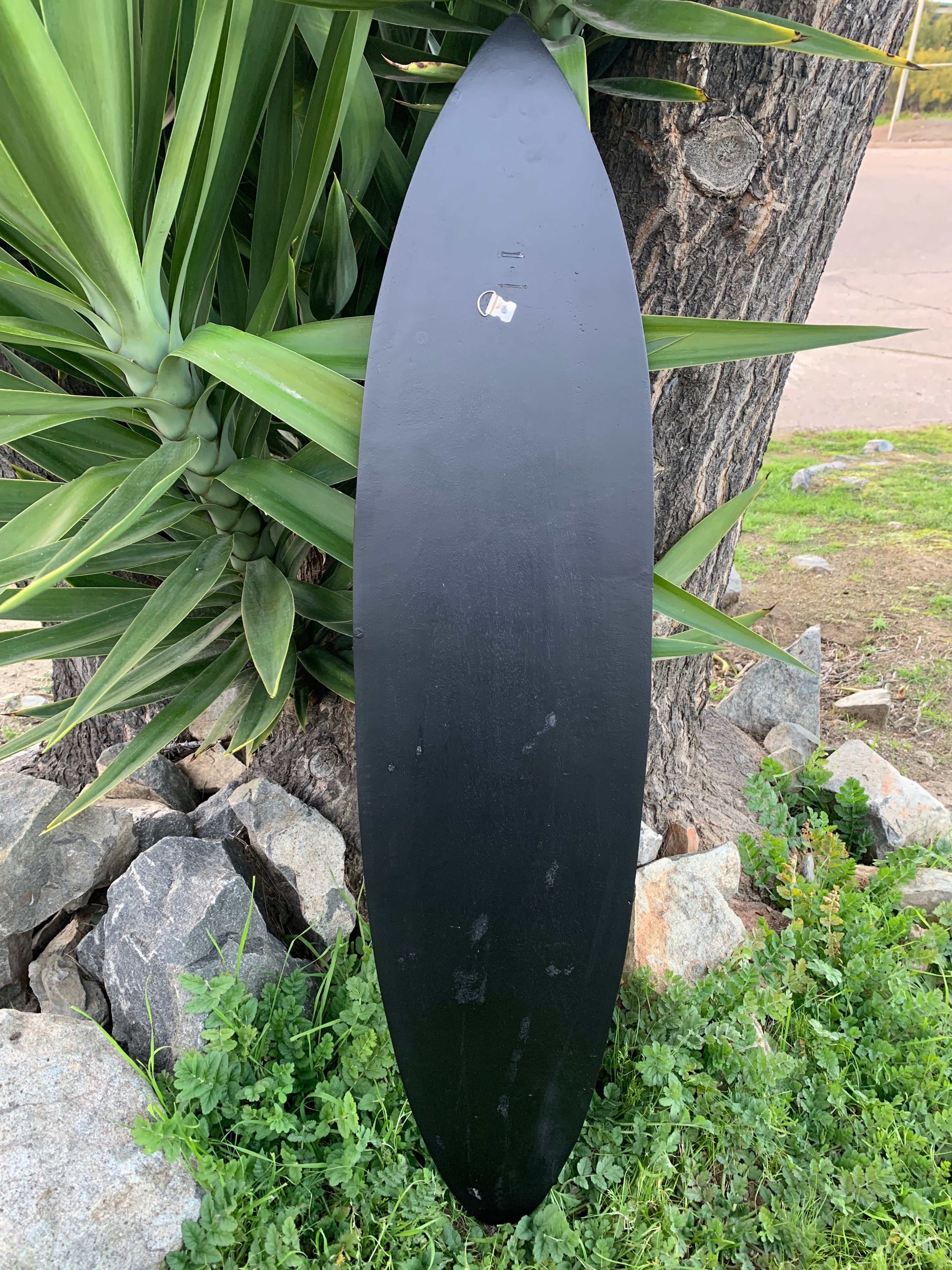Black longboard leaning against a tree with green plants nearby outdoors