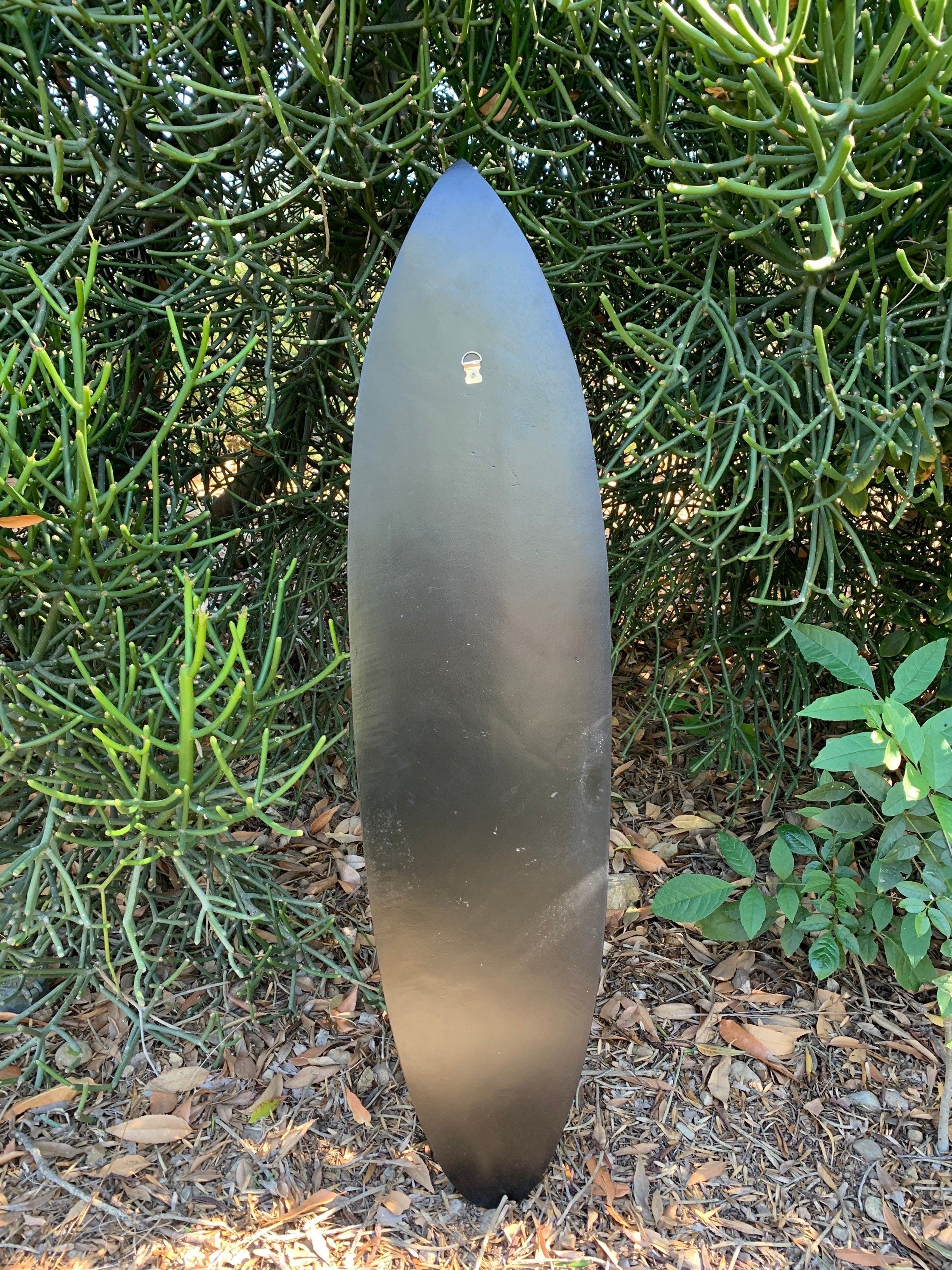 Black surfboard standing upright beside a dense green succulent hedge outdoors