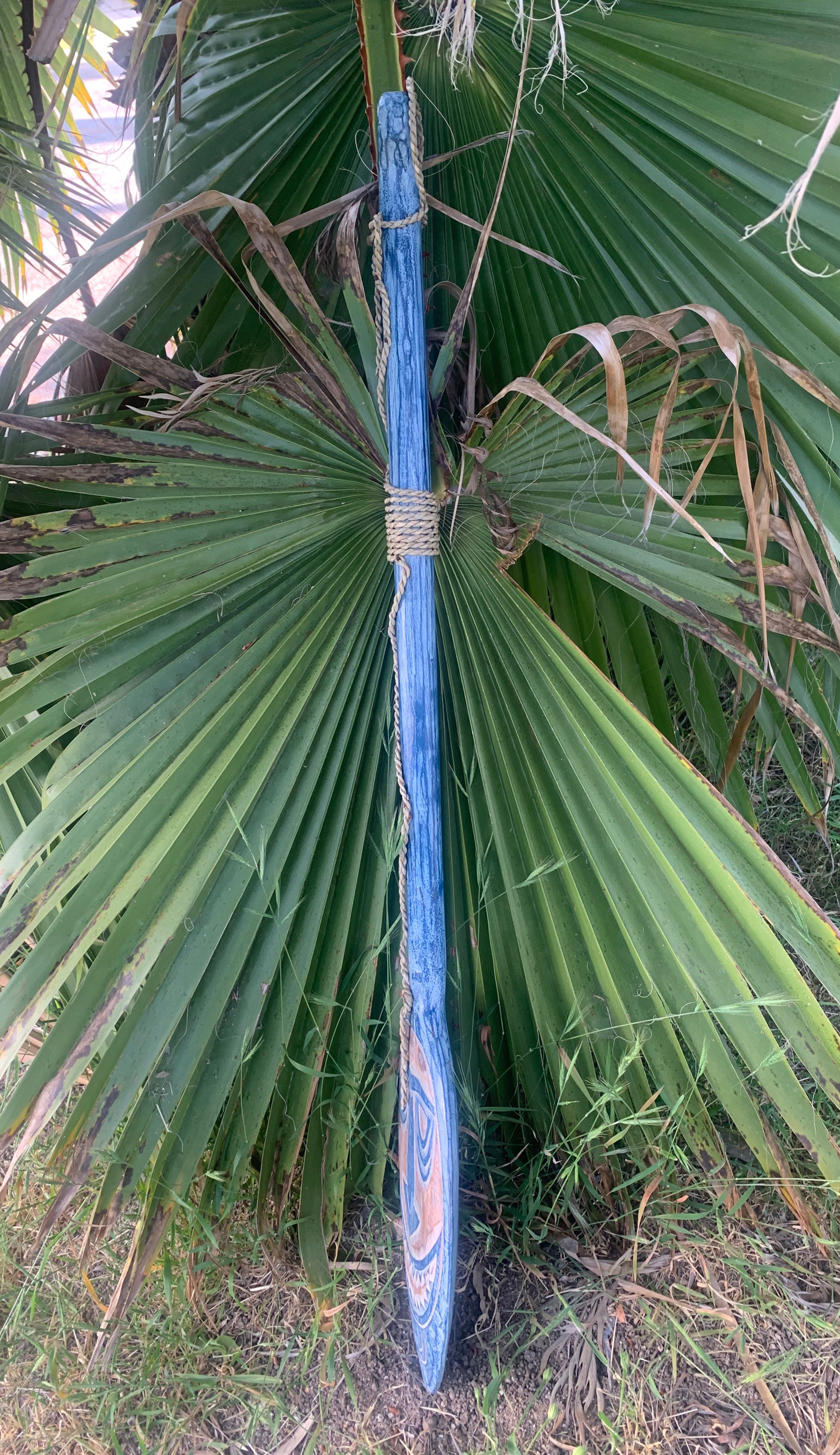 Blue painted wooden paddle with rope around handle leaning against palm leaves