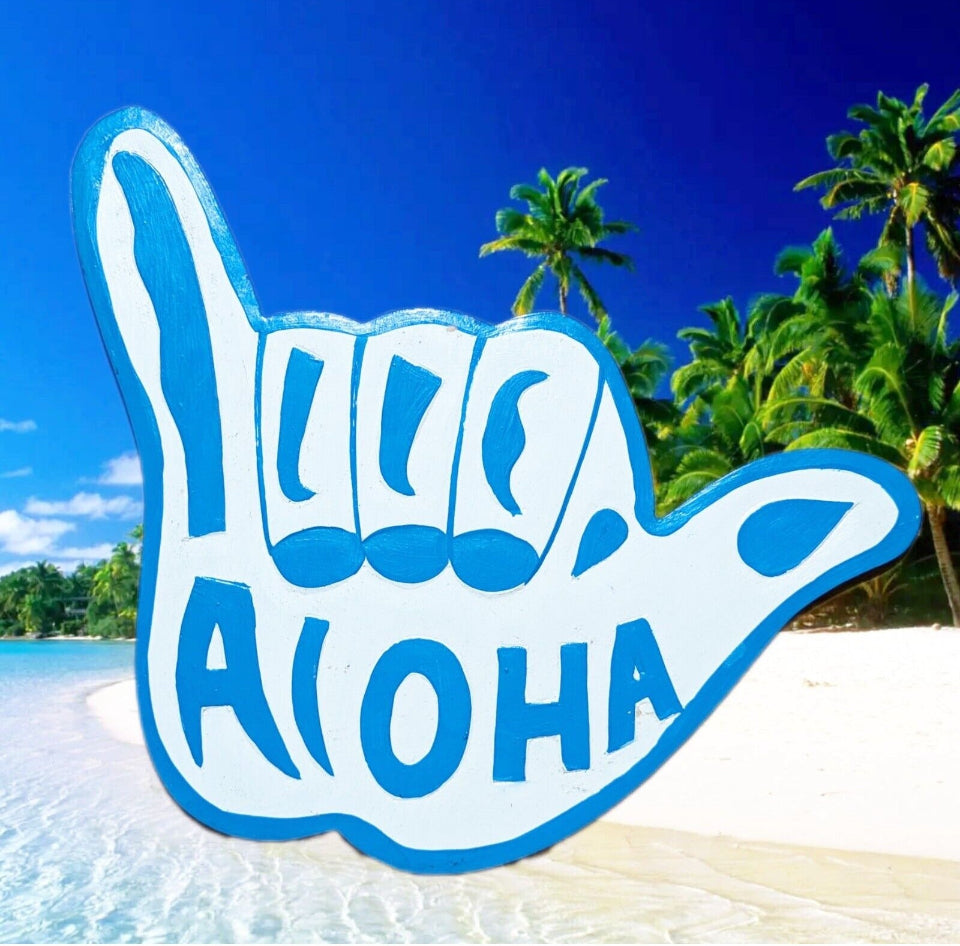 Hang-loose sign reading ALOHA on a tropical beach with palm trees
