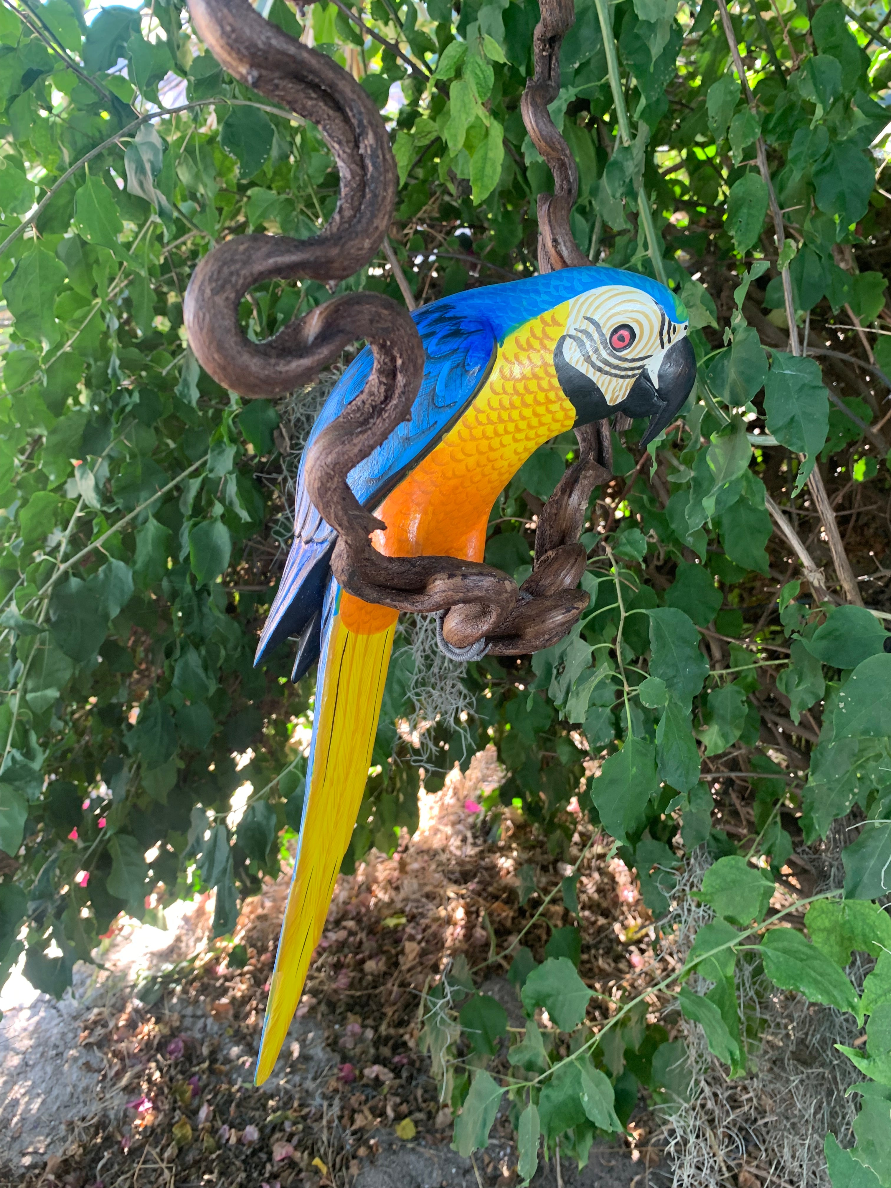 Colorful blue-and-yellow macaw sculpture hanging from twisting brown vines among green leaves.