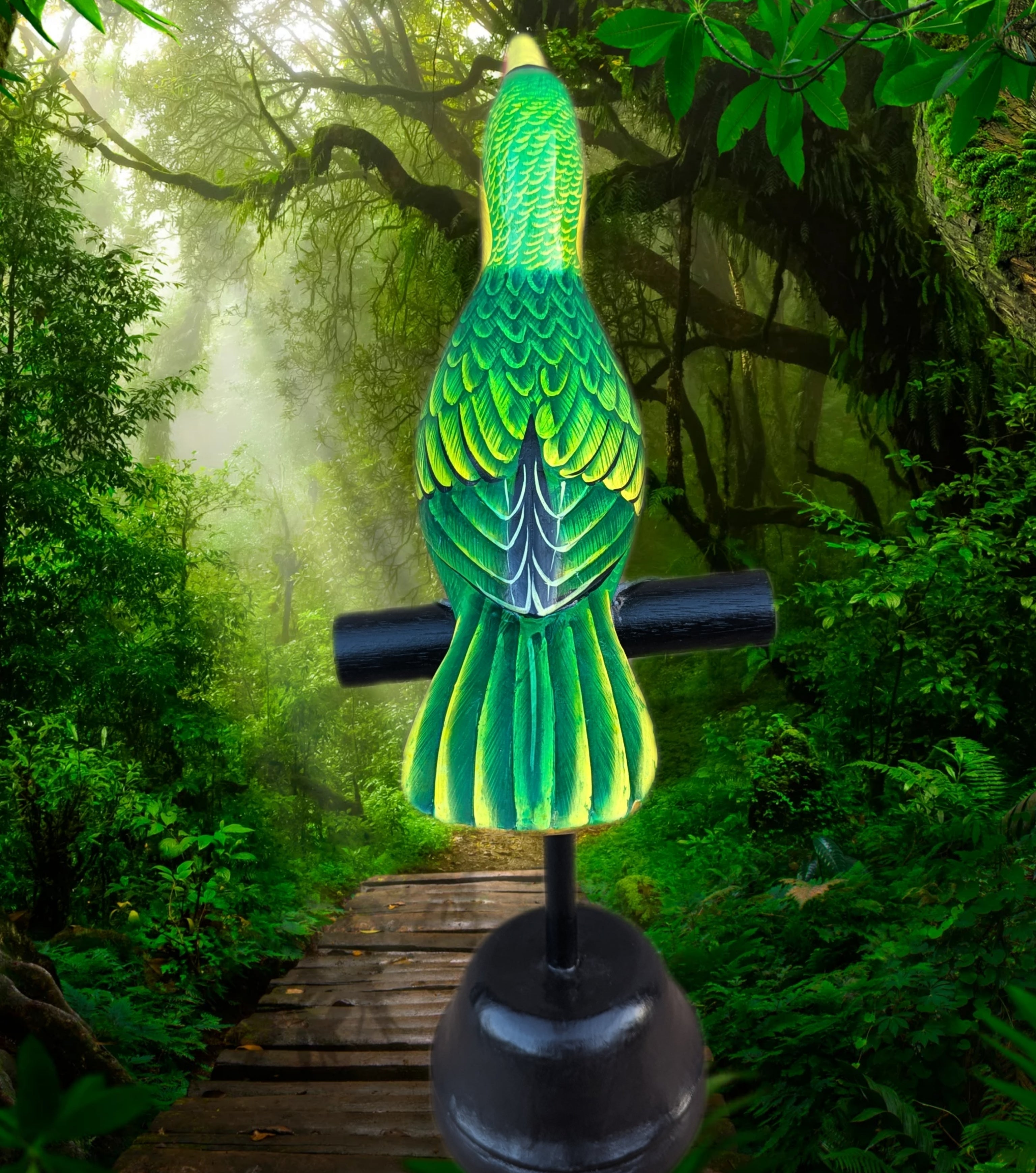 Bright green parrot sculpture perched on a stand in a lush jungle setting