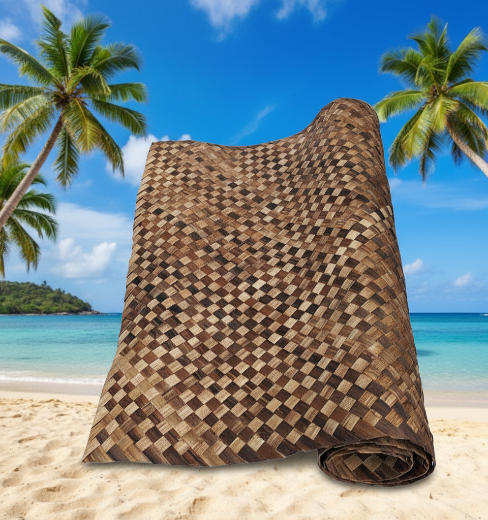rolled brown woven mat with checkerboard pattern