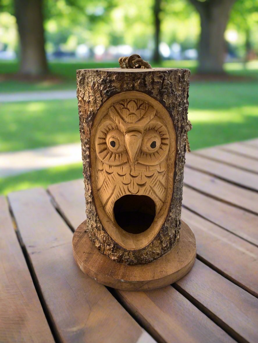 carved owl face on a tree log stump outdoors in a park