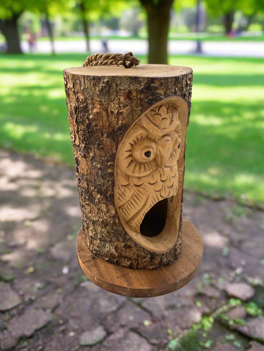 Wooden owl carving on tree trunk in a park