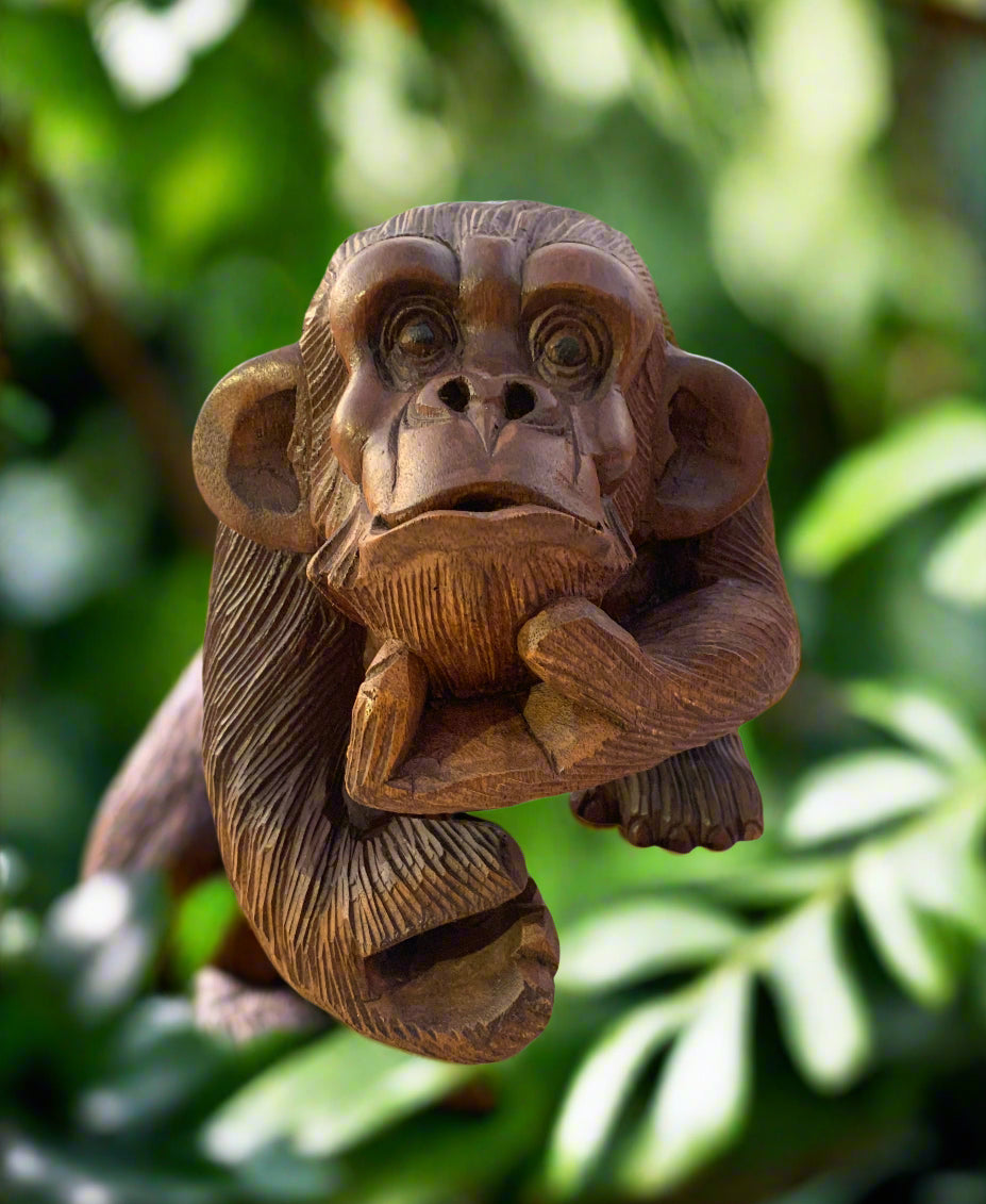 Close-up of a carved wooden chimpanzee statue in a garden