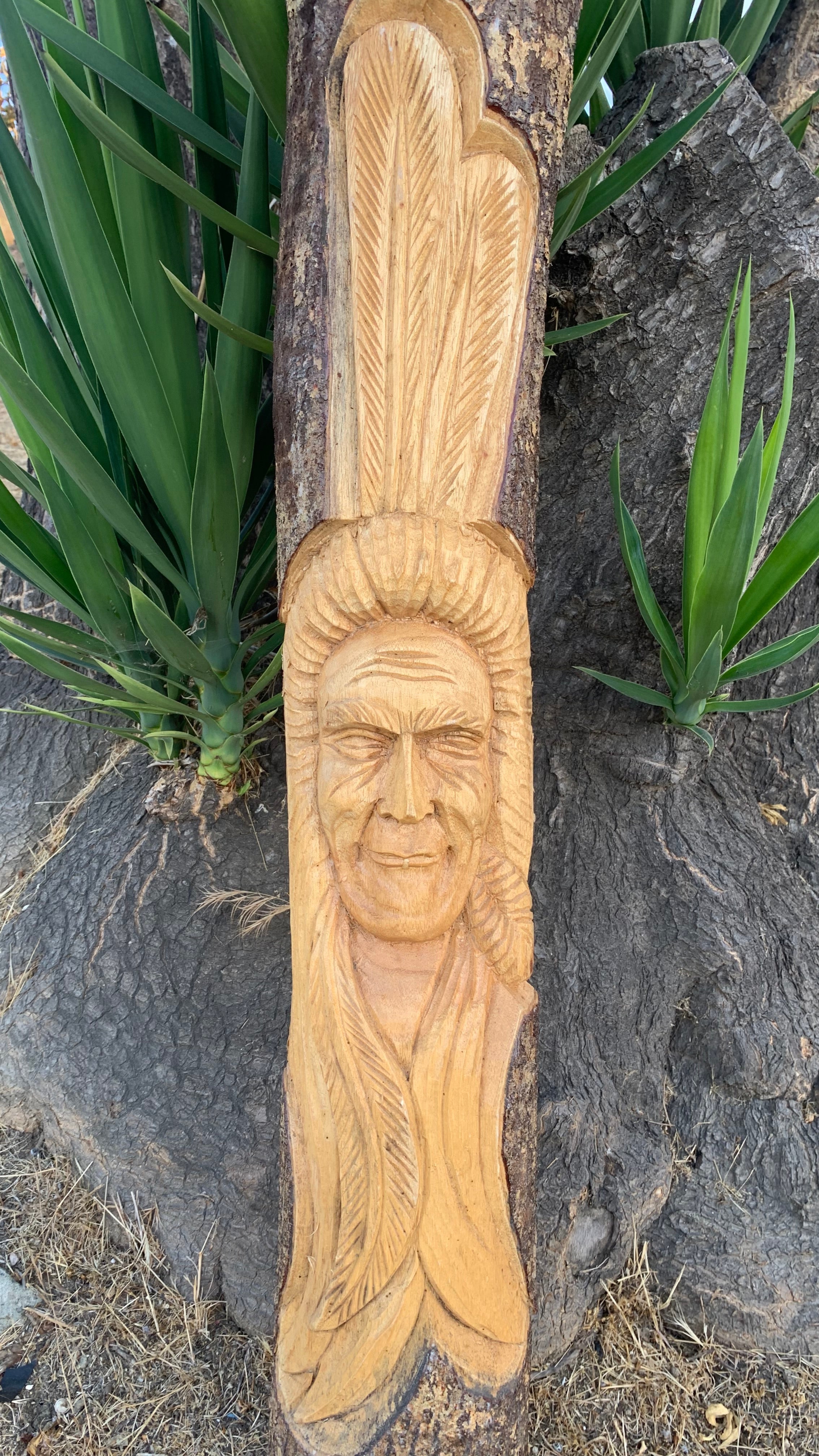 Carved wooden face on a tree trunk with a headdress, outdoors with agave plants in the background