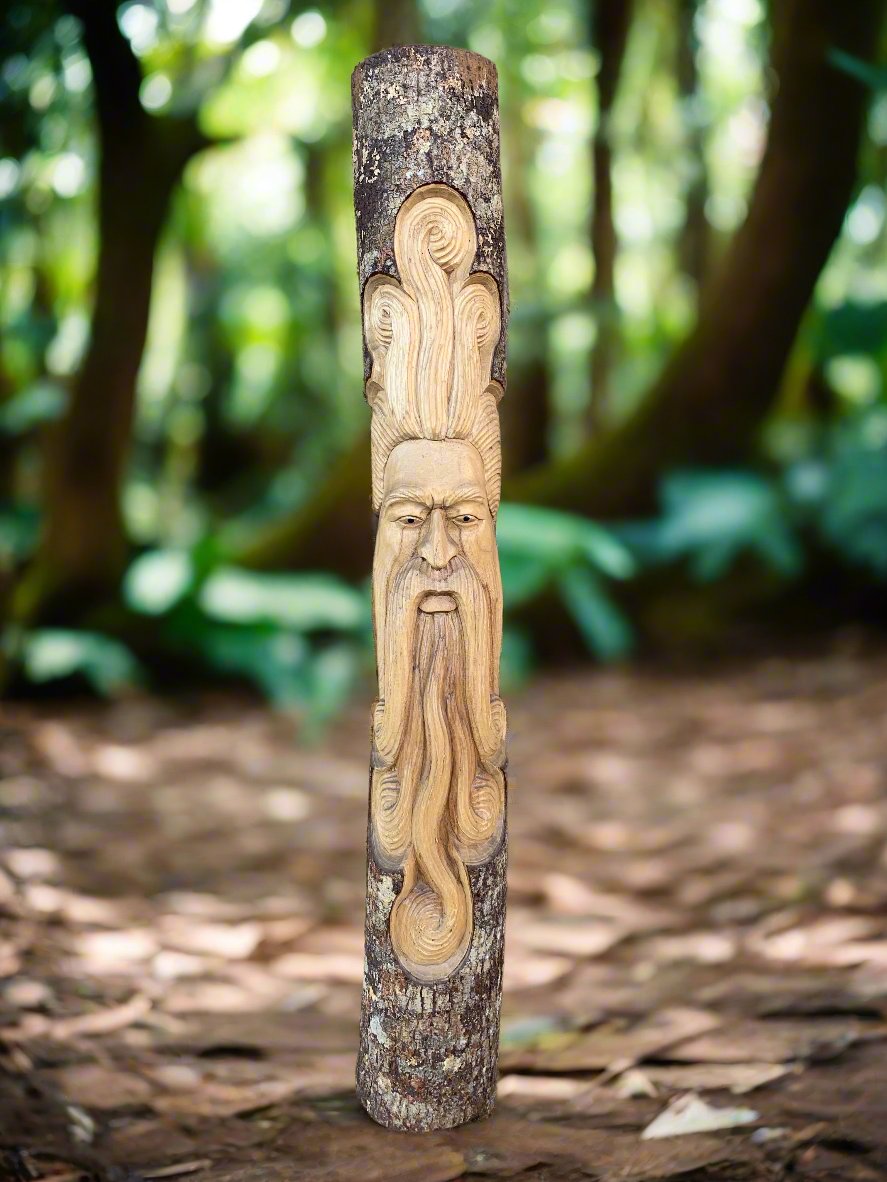 Carved wooden totem pole with bearded face in a forest setting