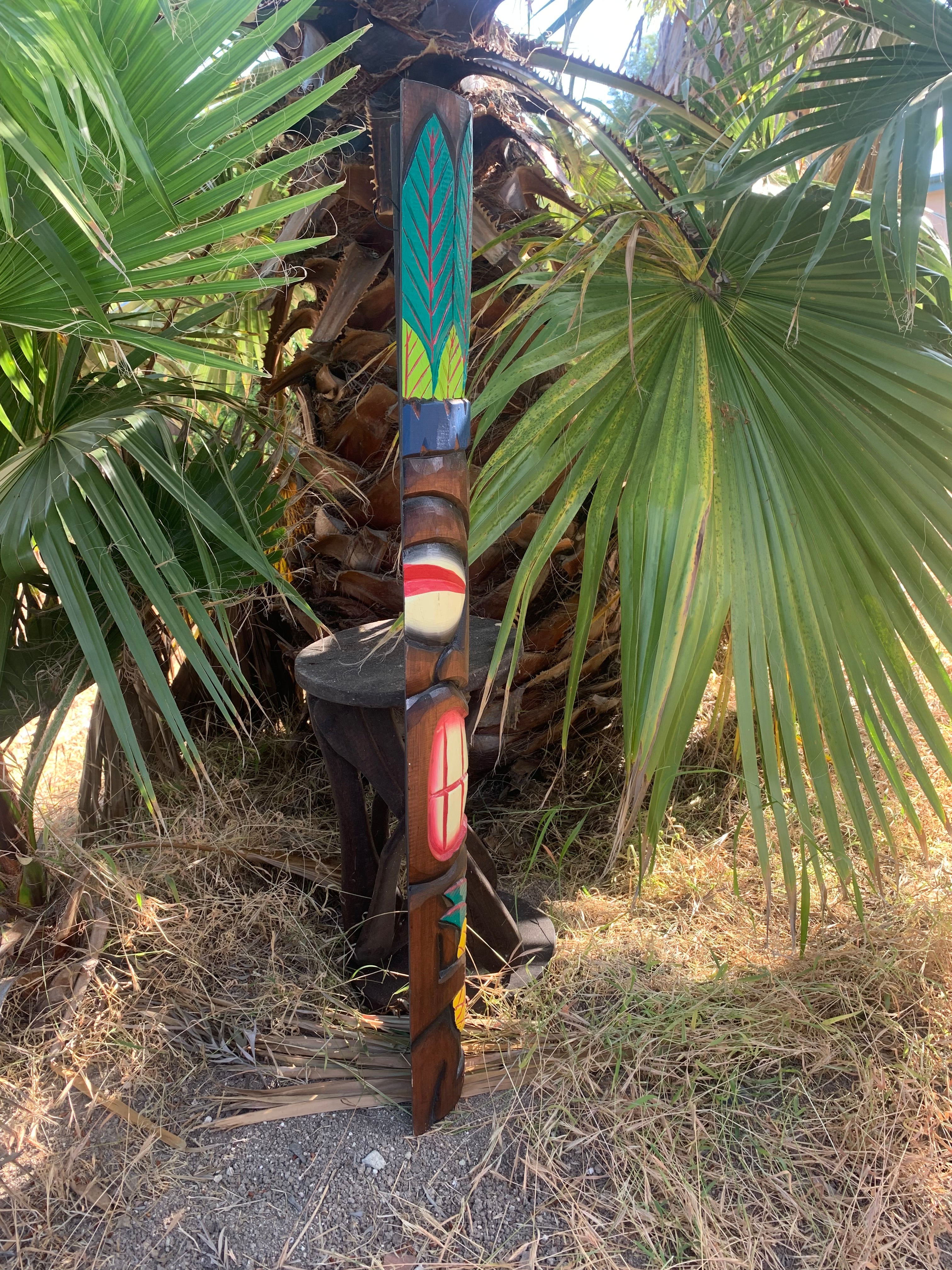 Colorful carved wooden totem pole leaning against a palm tree in a desert yard.