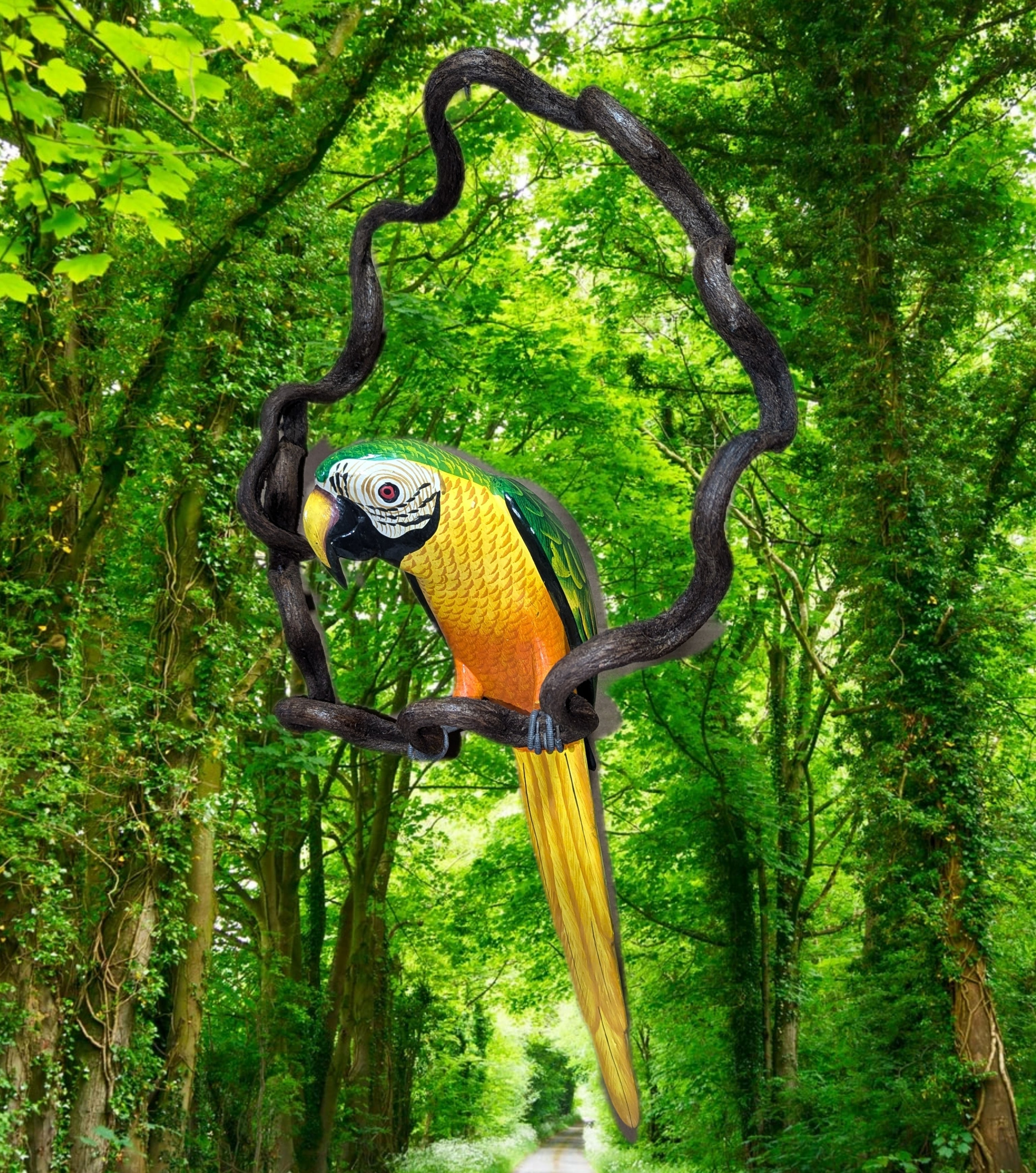 Colorful green-yellow macaw perched inside a dark twisted ring in a lush forest.