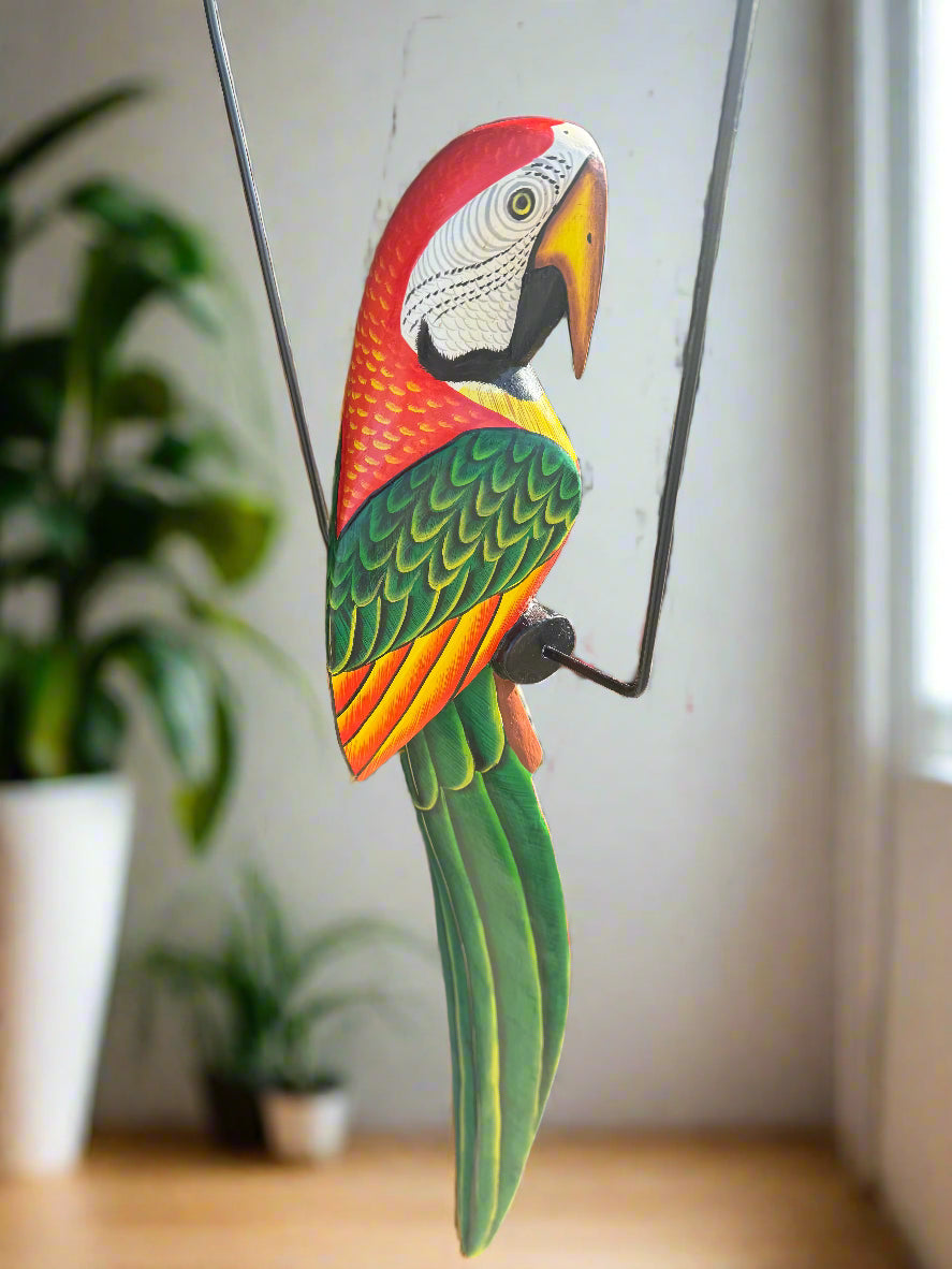 Colorful wooden macaw parrot wall hanging sculpture