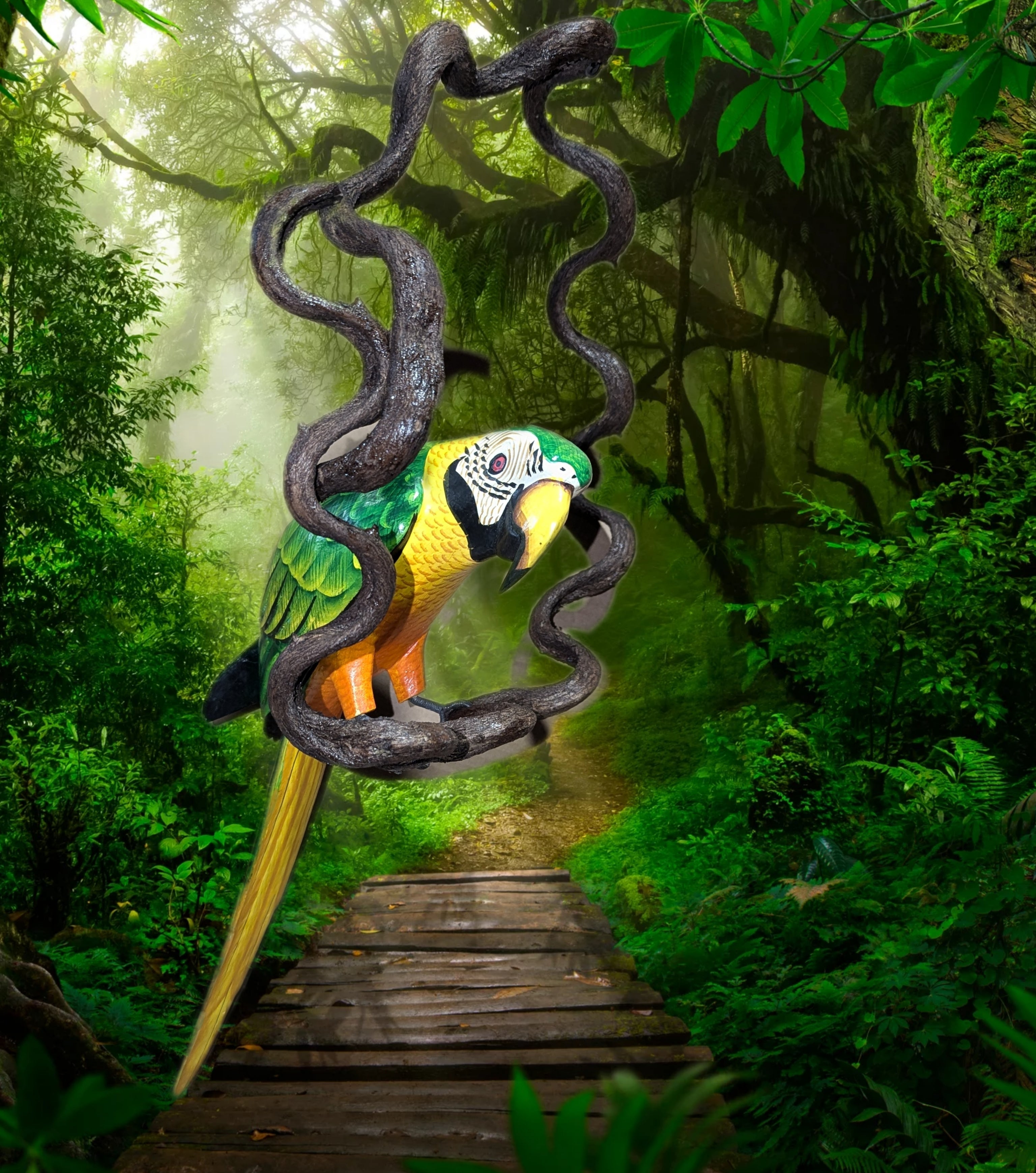 Colorful parrot sculpture in lush tropical forest beside a wooden boardwalk