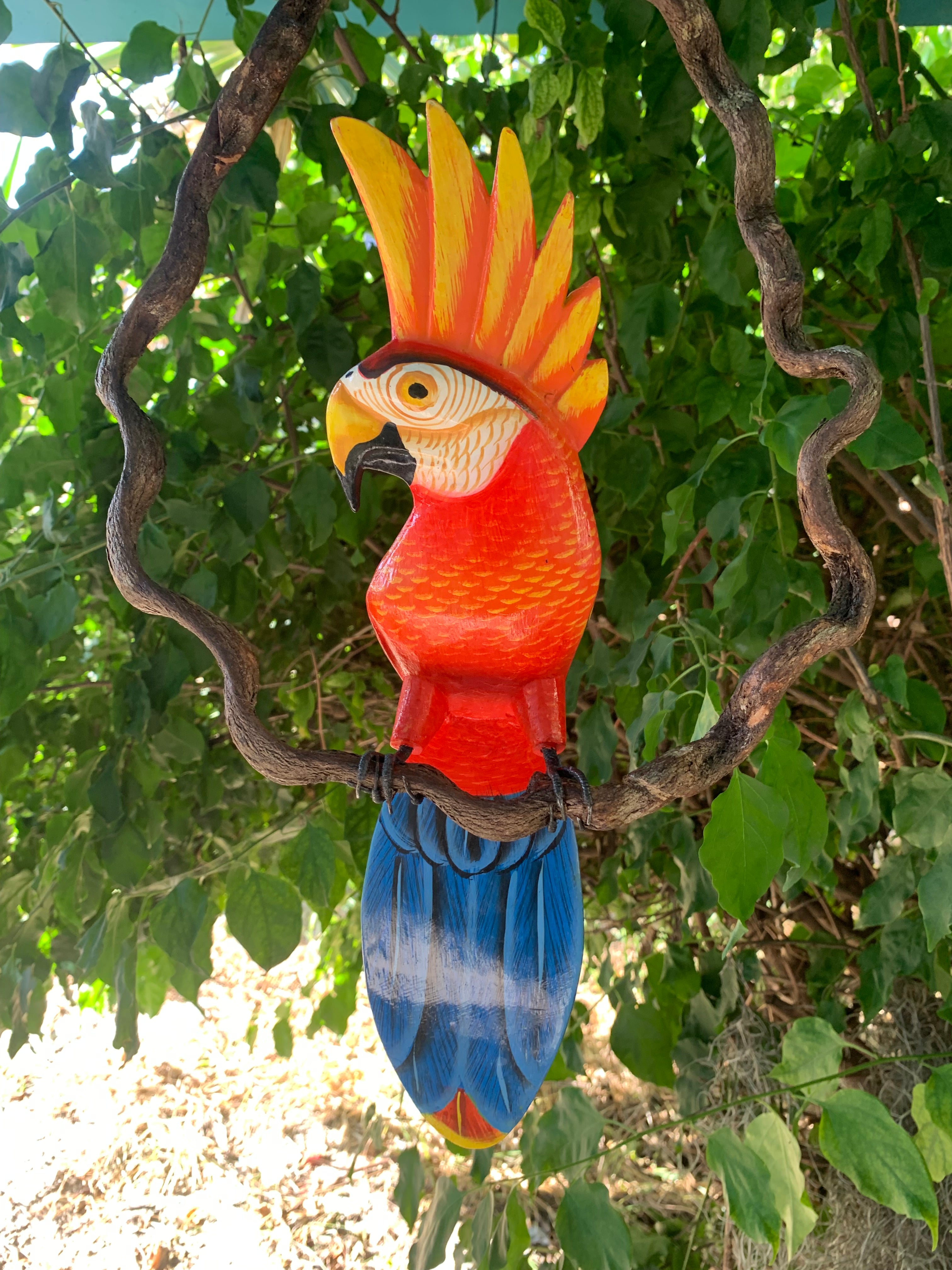 Colorful parrot tiki statue perched on a twisted branch in a garden
