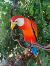 colorful red-orange parrot sculpture perched on a branch in a garden