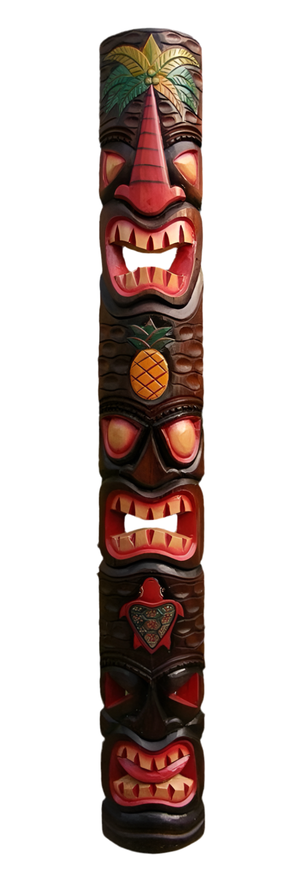 Colorful tiki totem pole with palm tree motif and carved faces