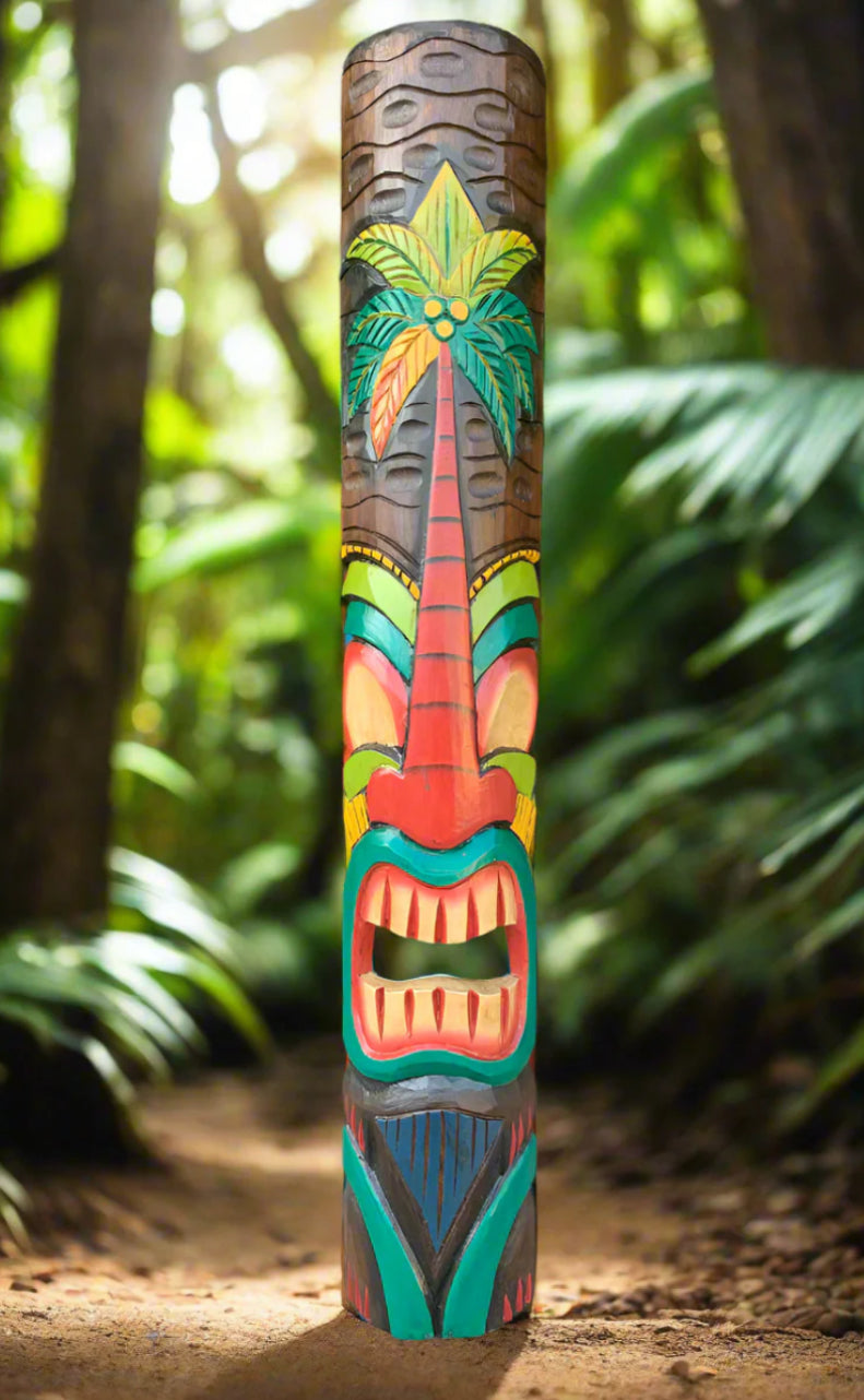 Colorful tiki totem pole with palm-tree design in a lush jungle garden