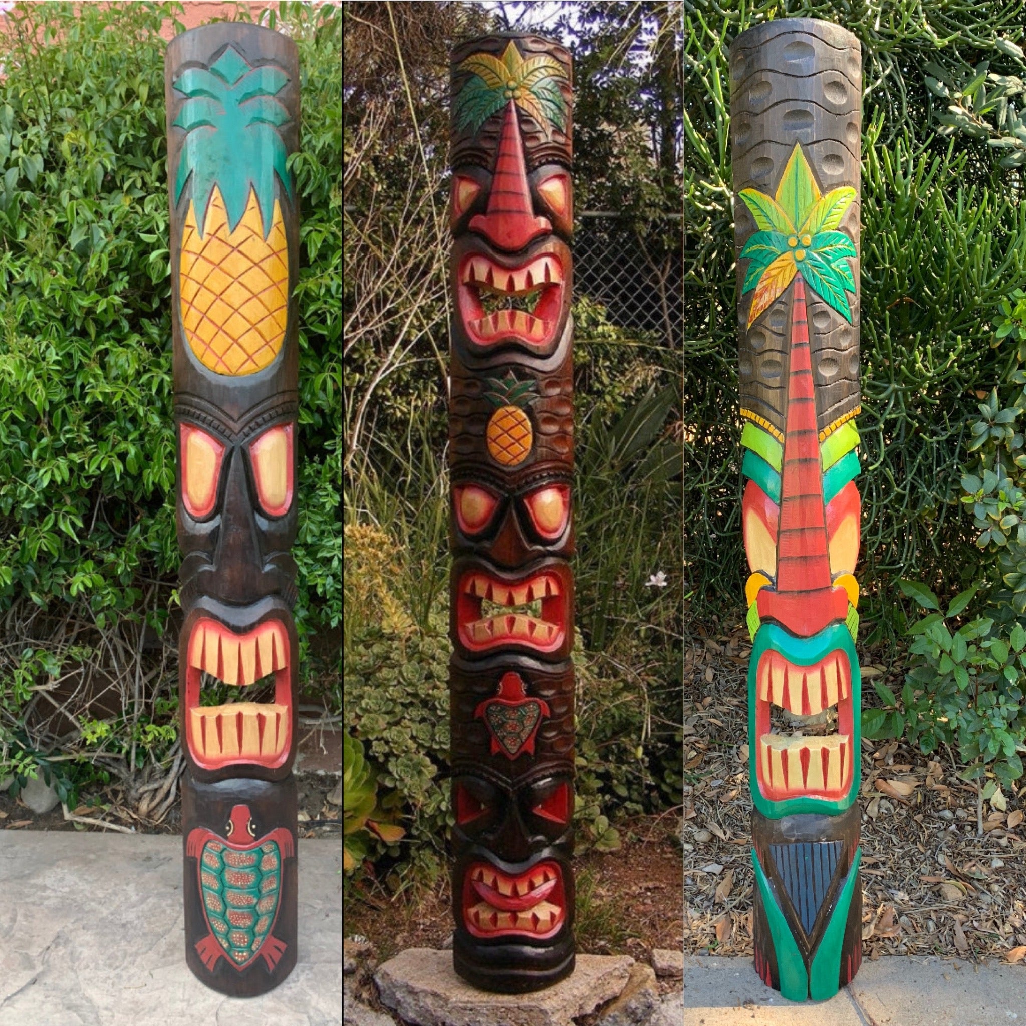 Three colorful tiki totem poles with carved faces and tropical motifs