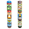 Two colorful tiki totem poles with carved faces and floral decorations.