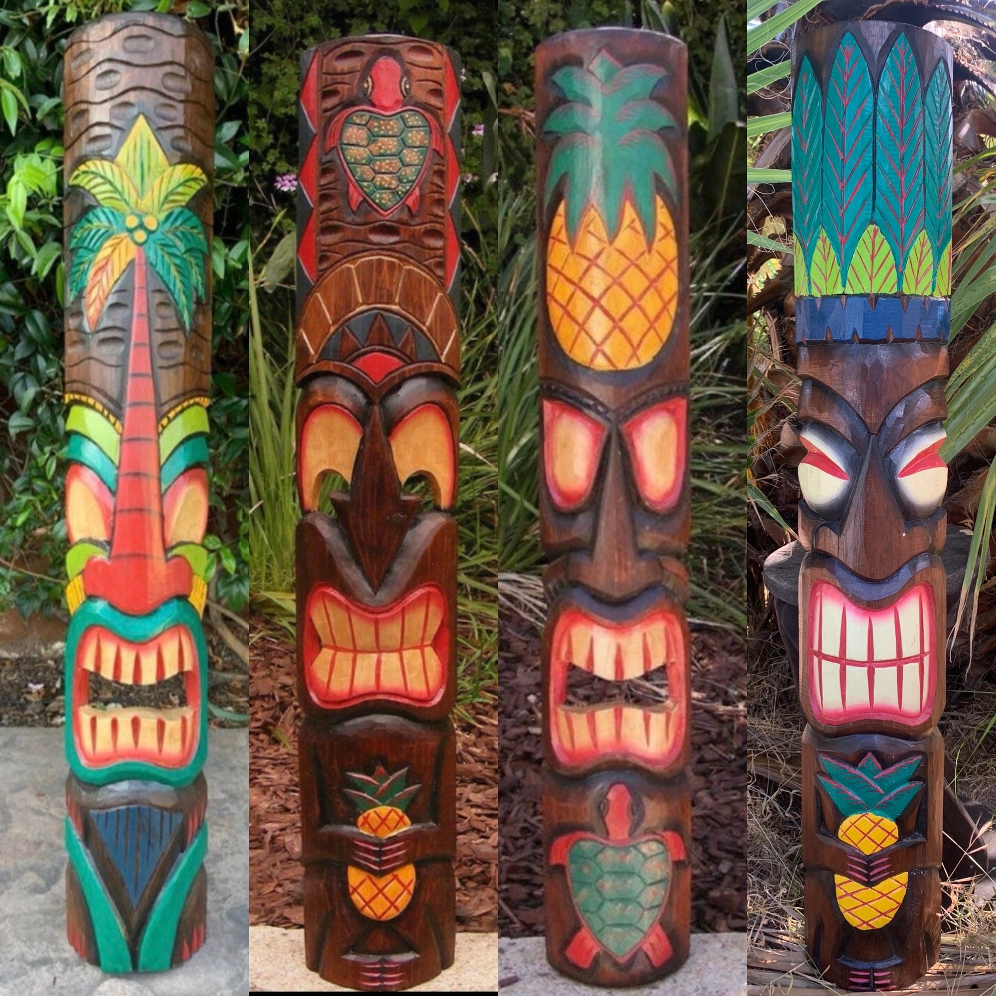 Four colorful wood-carved tiki totems featuring palm tree, pineapple, and heart patterns