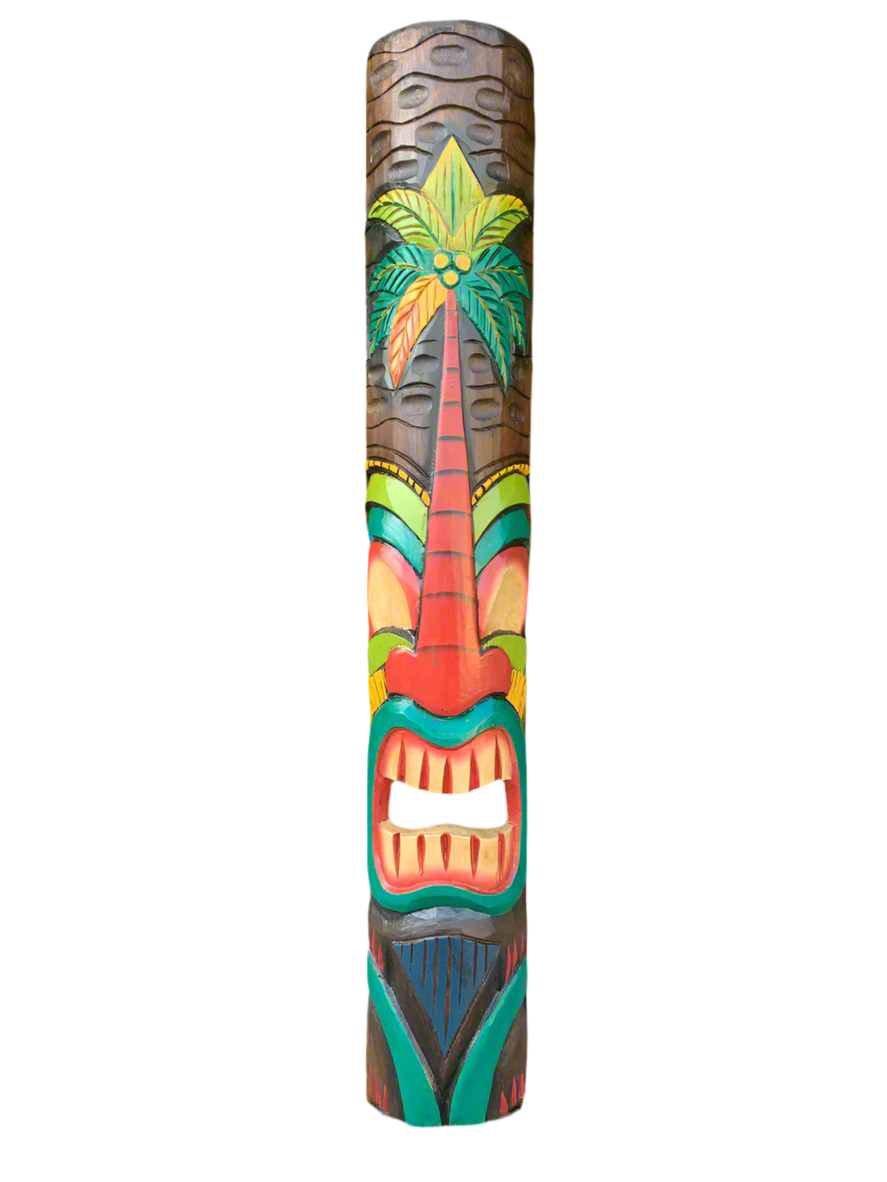 colorful carved totem pole with palm tree and face design