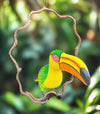 Colorful toucan bird with a bright orange beak perched on a twisting branch