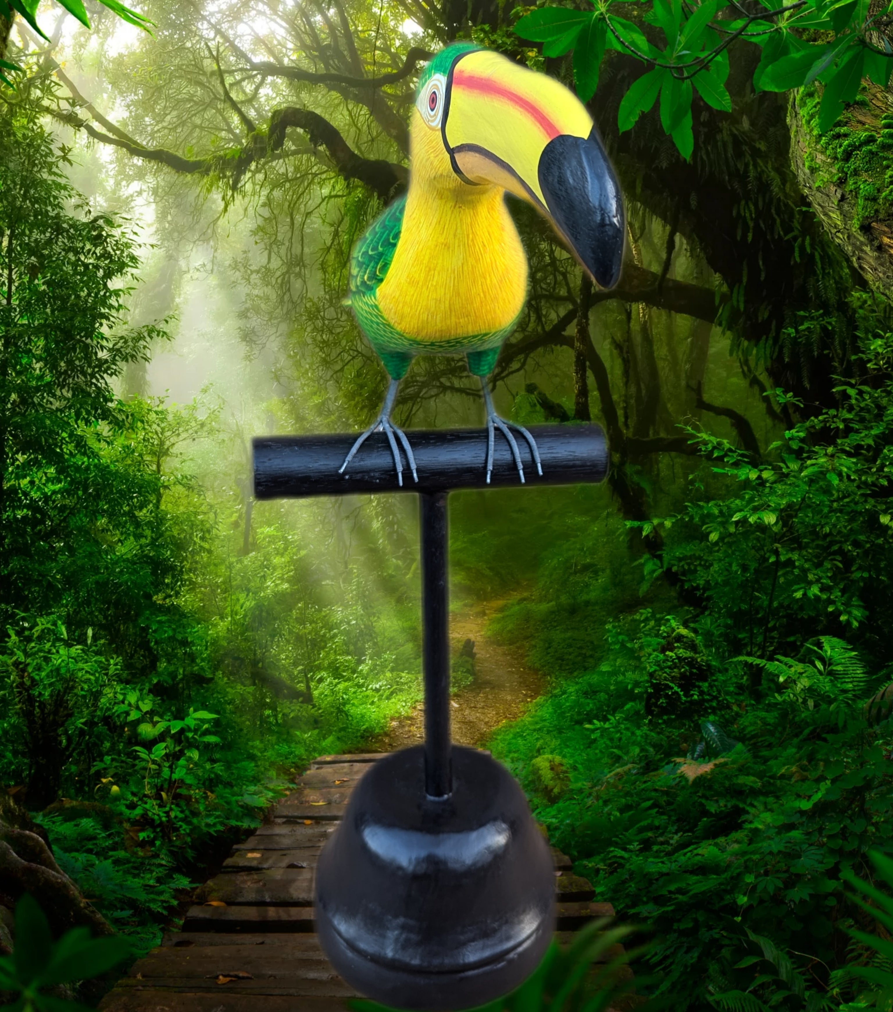colorful toucan perched on a black stand in a lush jungle path