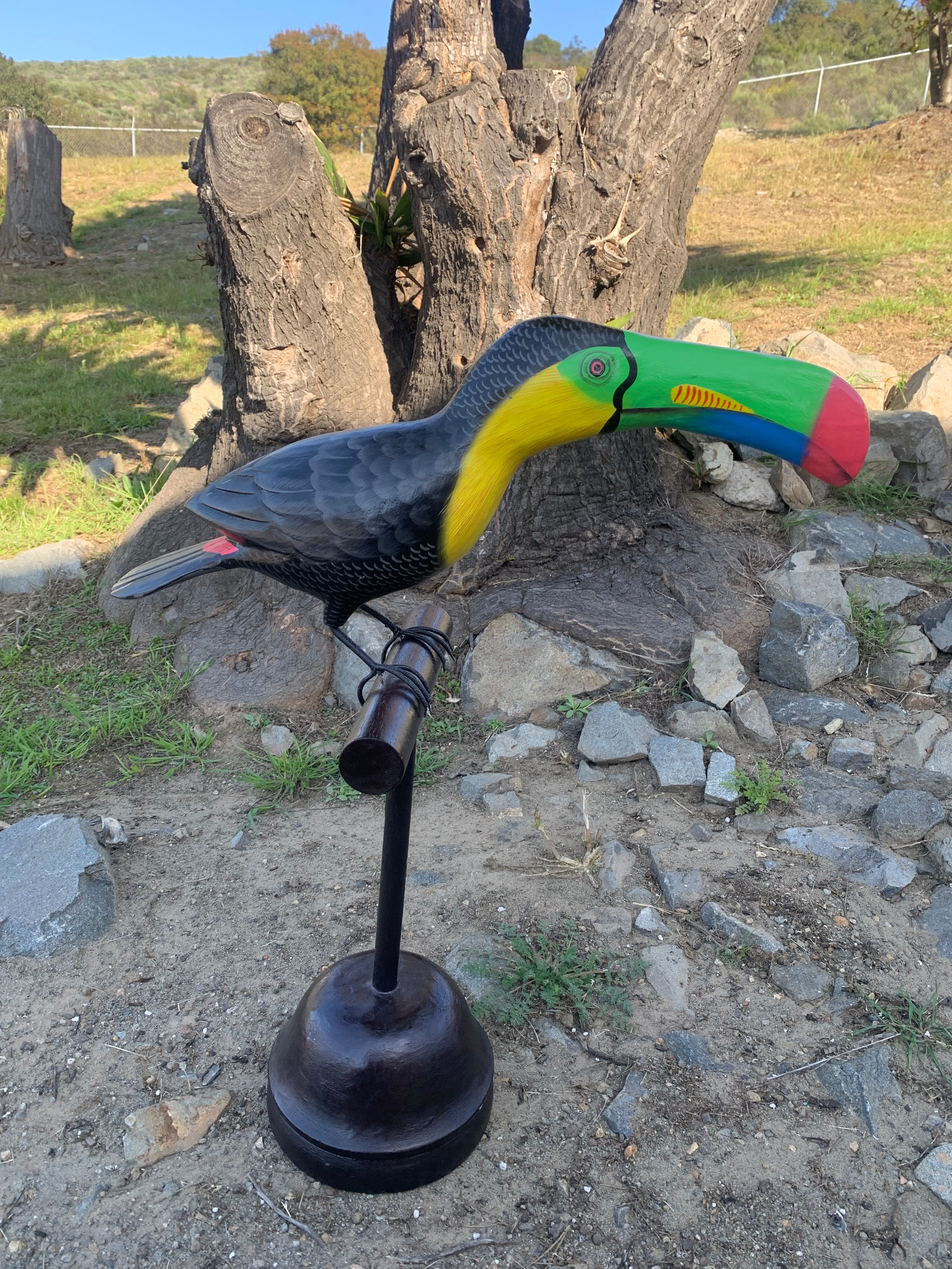 Colorful toucan sculpture on a stand in an outdoor setting