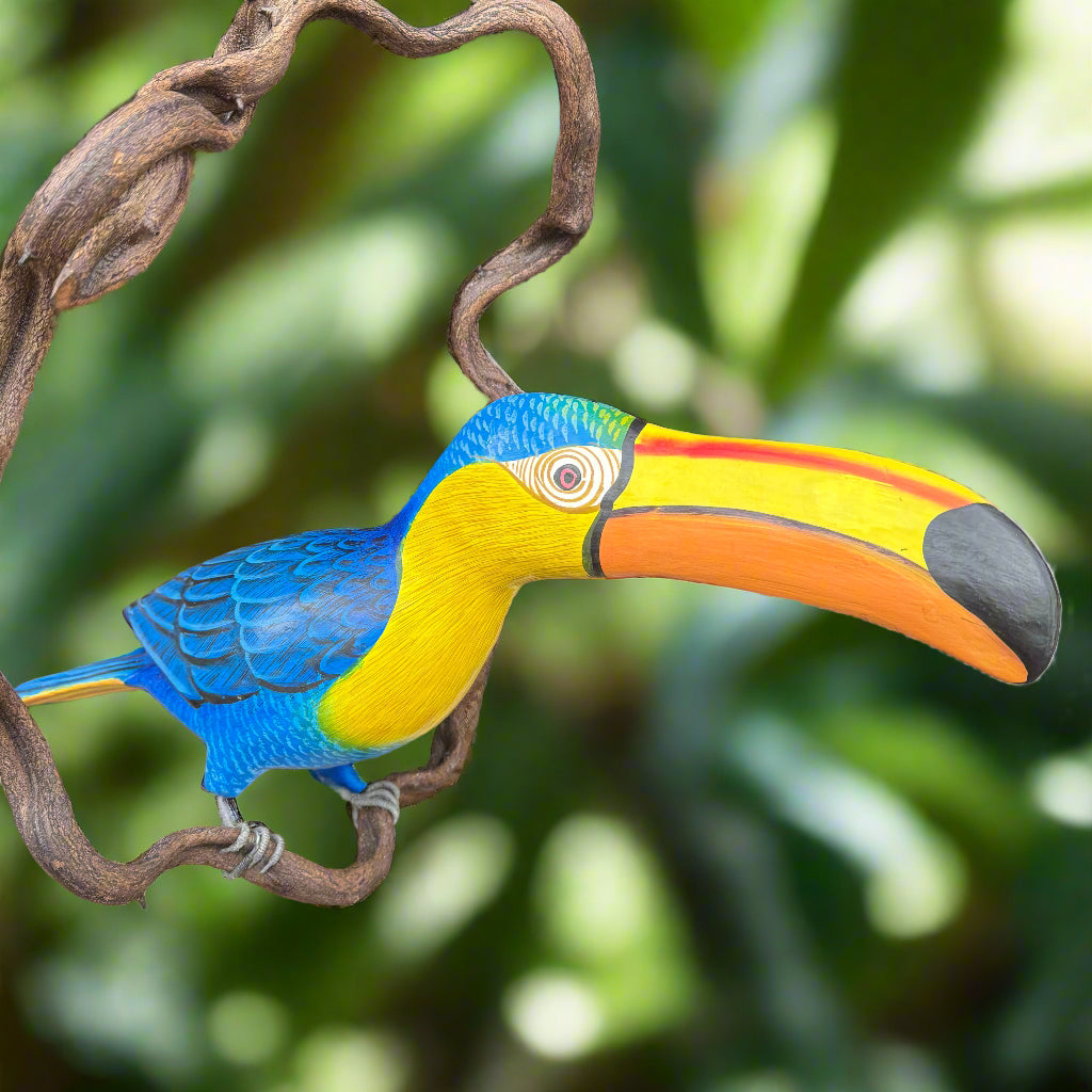 Colorful toucan with a long orange-yellow beak perched on a twisting branch.