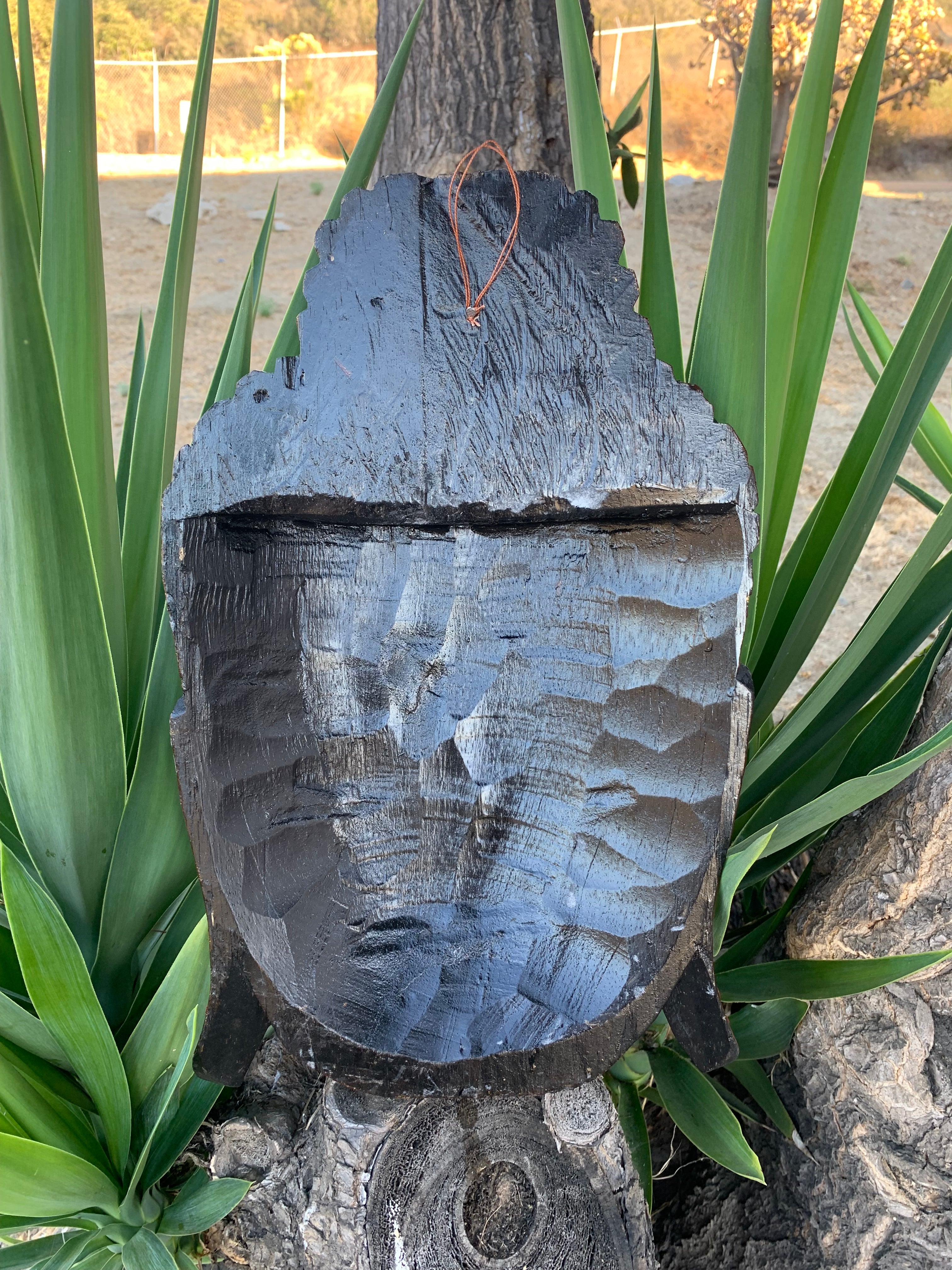 Dark slate plaque with rough carved surface hanging from a string on a tree