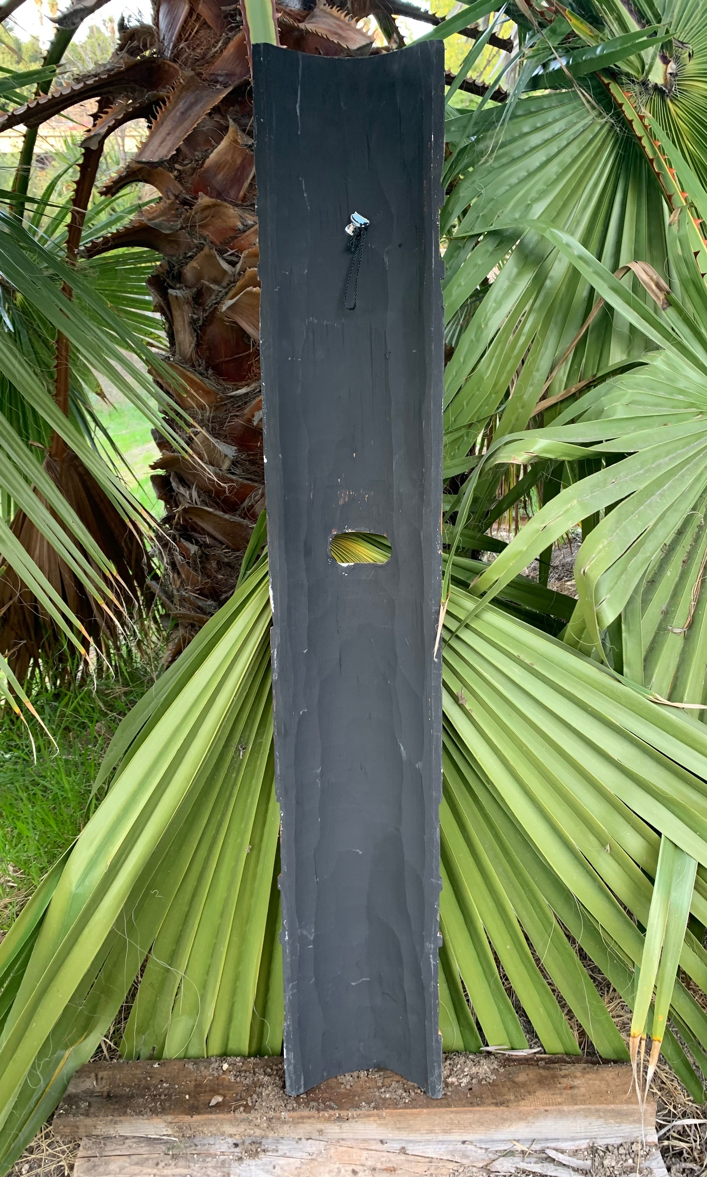 Dark vertical wooden beam with an oval cutout in front of palm leaves