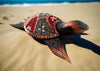 Decorative carved sea turtle on sandy beach with ocean in the background