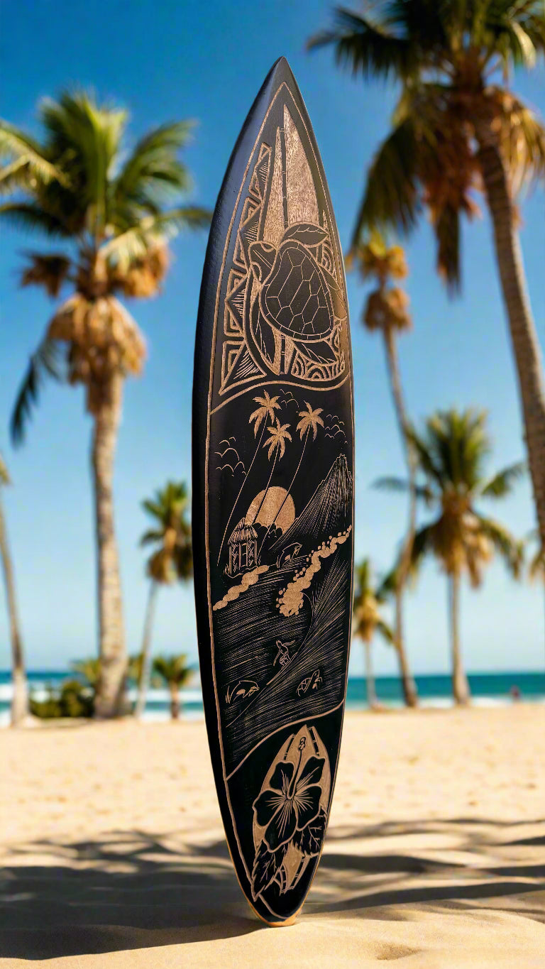 decorative surfboard on a sandy beach with palm trees and blue ocean in background