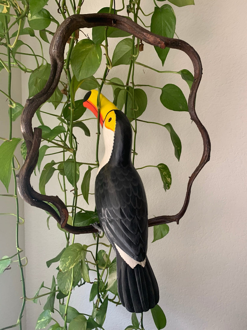 Decorative toucan sculpture among green houseplants and vines