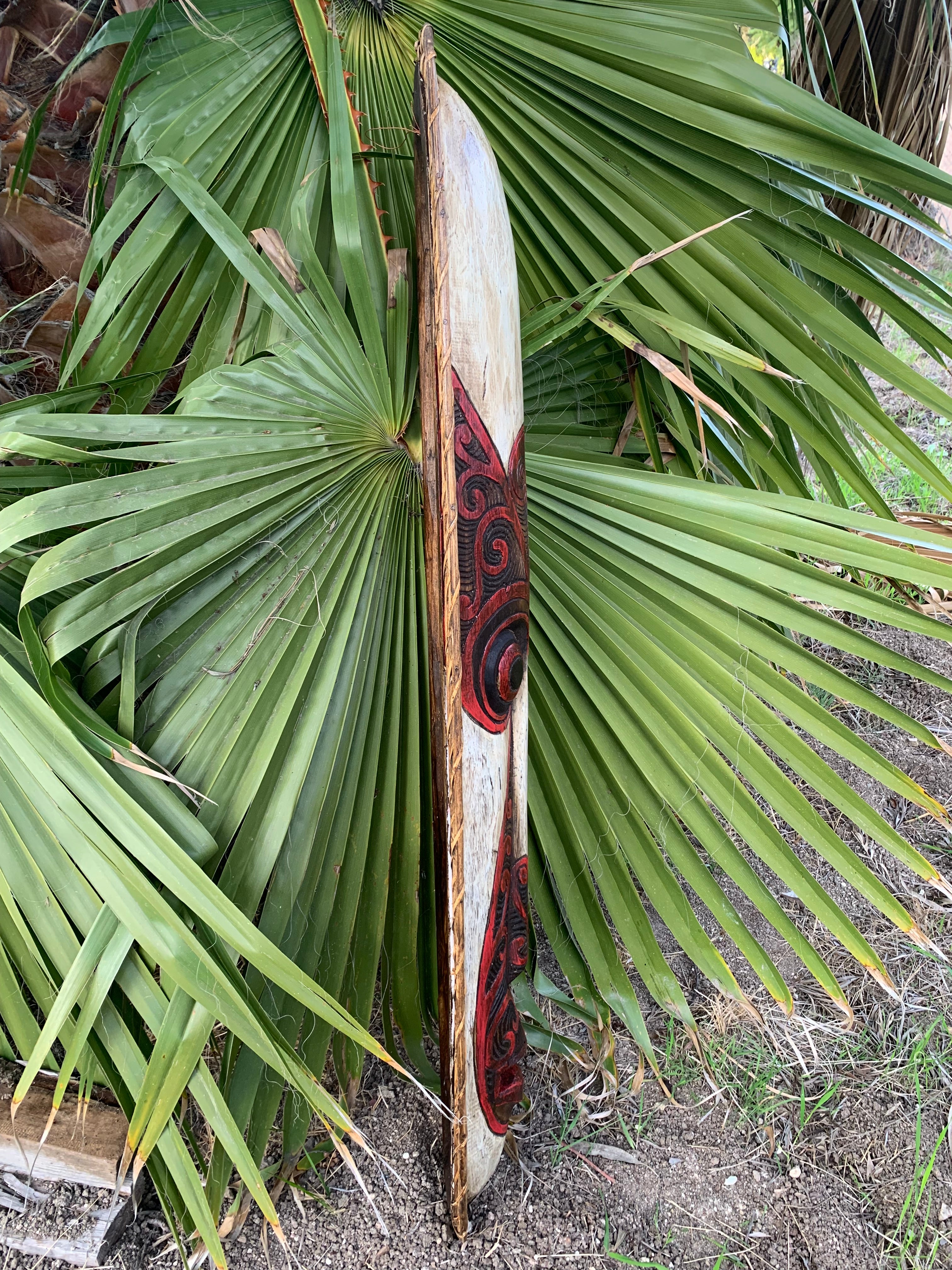 Long wooden board with red swirling carvings leaning against green palm fronds