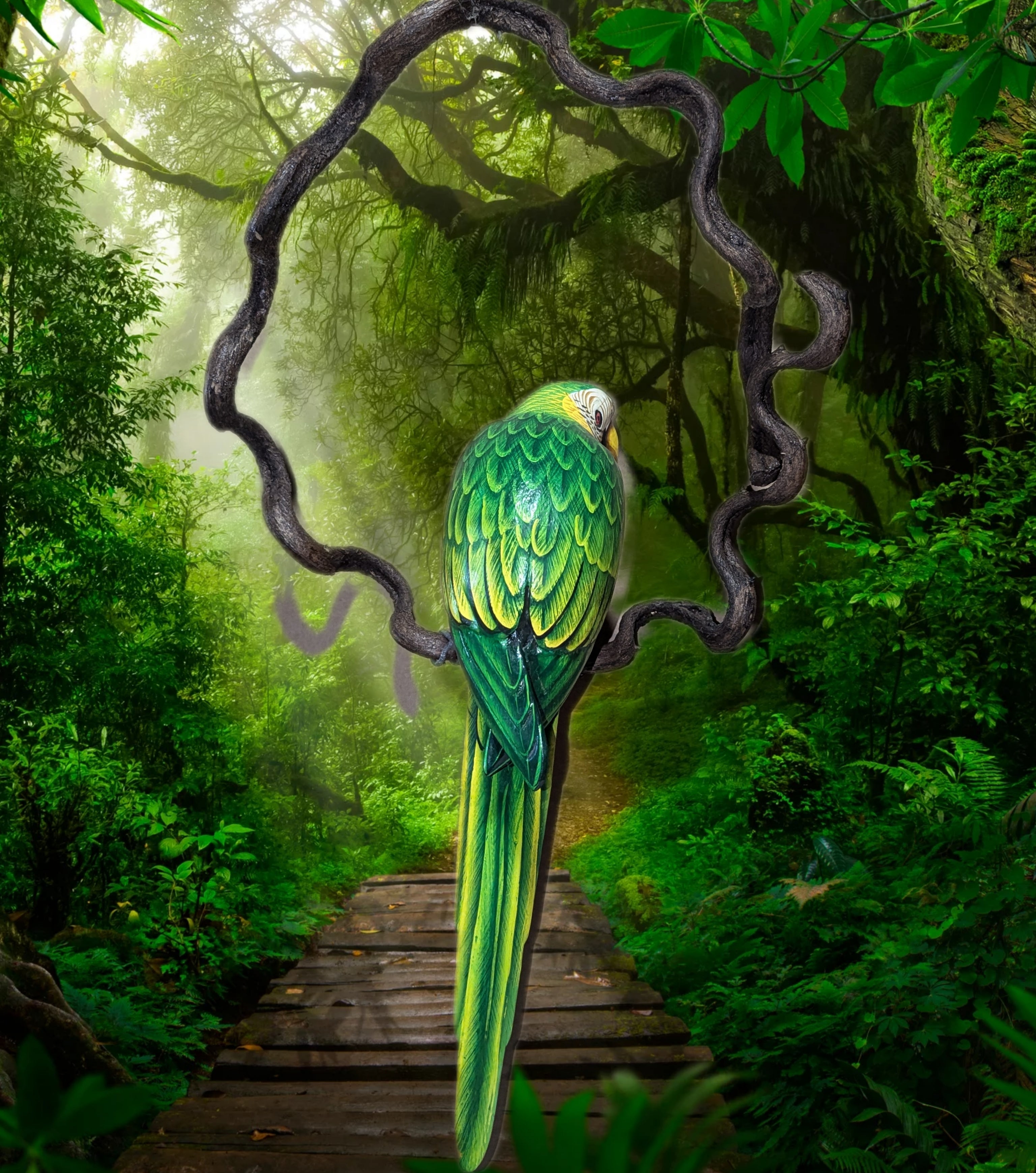 Emerald green macaw perched on a twisting branch in a lush rainforest beside a wooden boardwalk