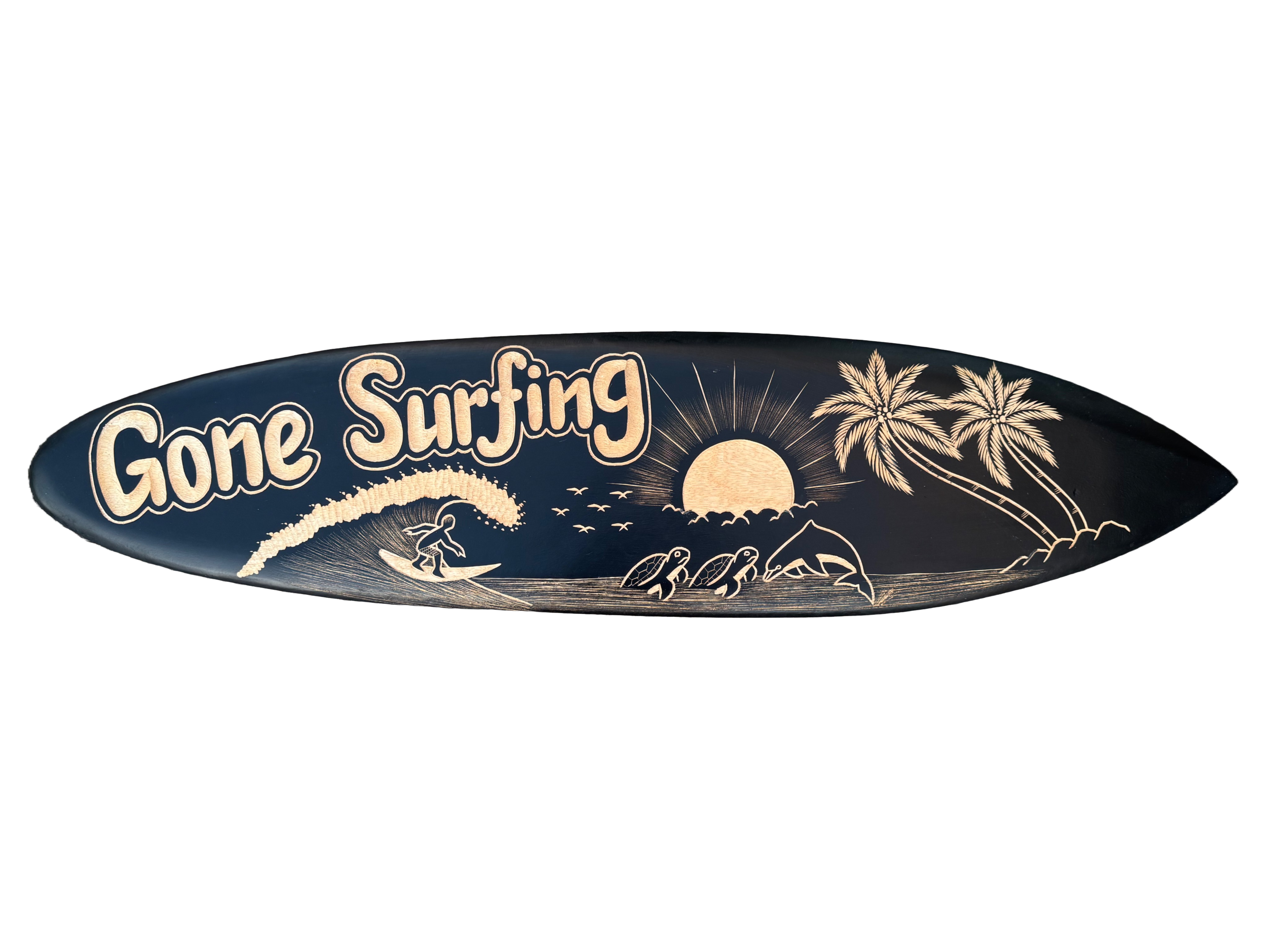 Blue surfboard with beige 'Gone Surfing' lettering and tropical beach scene