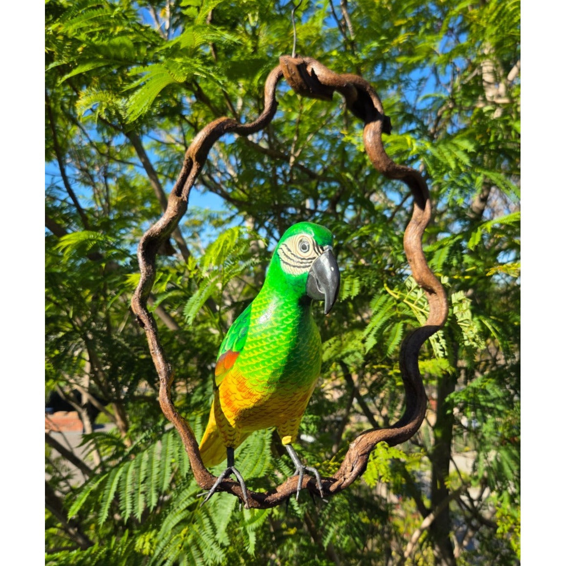 Tropical Green Parrot Wood Carved Hanging Bird Statue on Vine Perch 16”