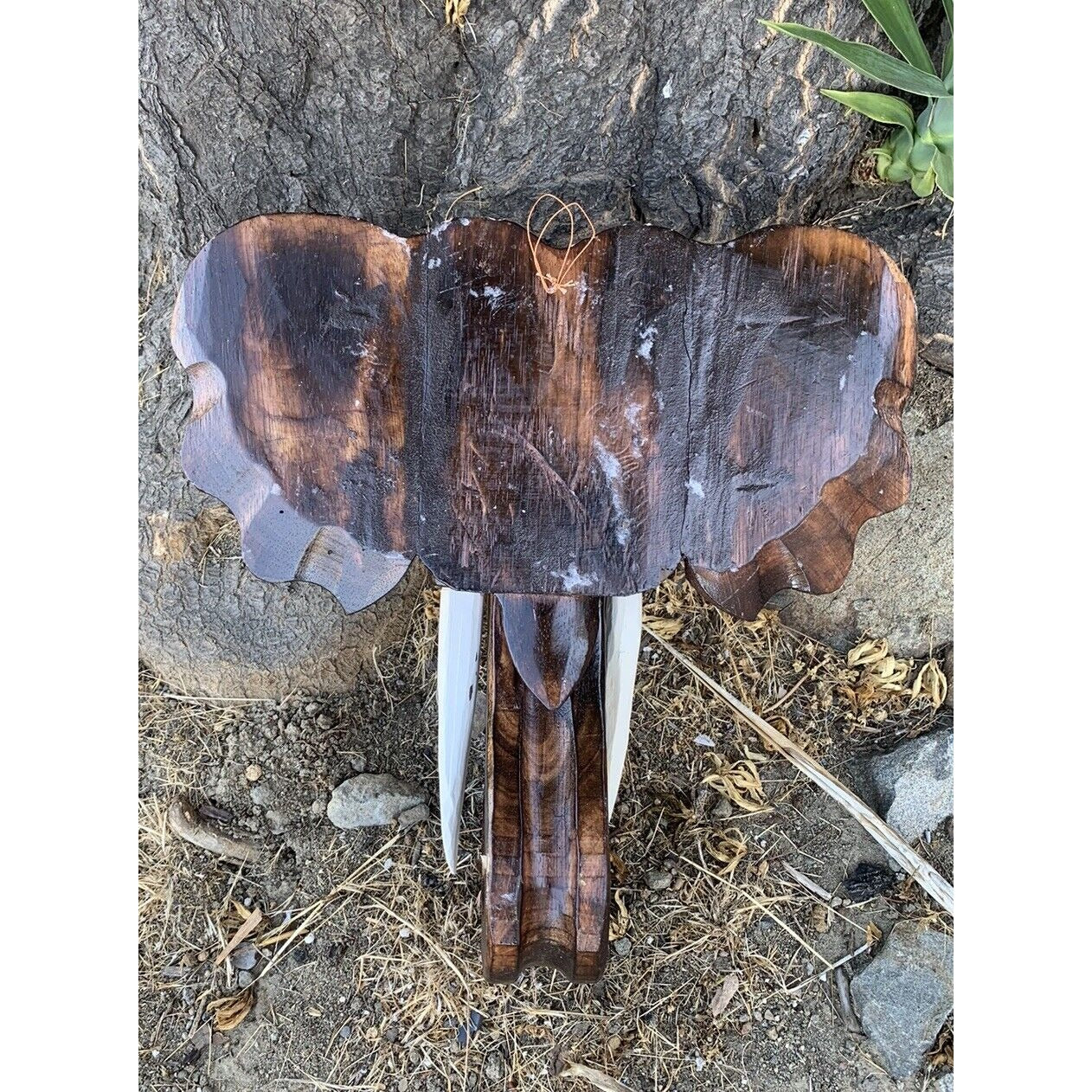 Dark polished wooden sculpture with scalloped wing-like top outdoors