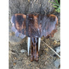 Dark polished wooden sculpture with scalloped wing-like top outdoors