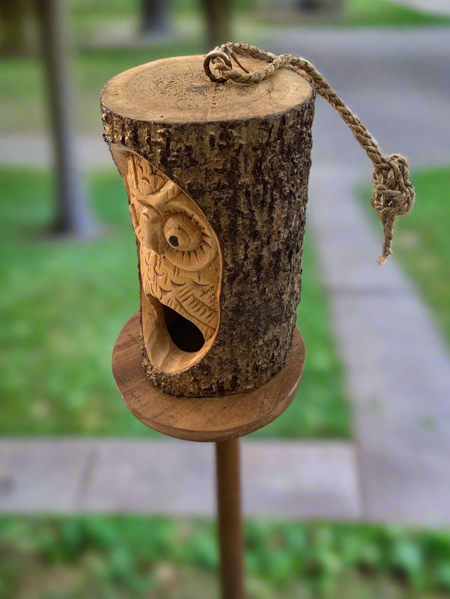 Wooden owl-carved birdhouse on a tree stump with a rope hanger.