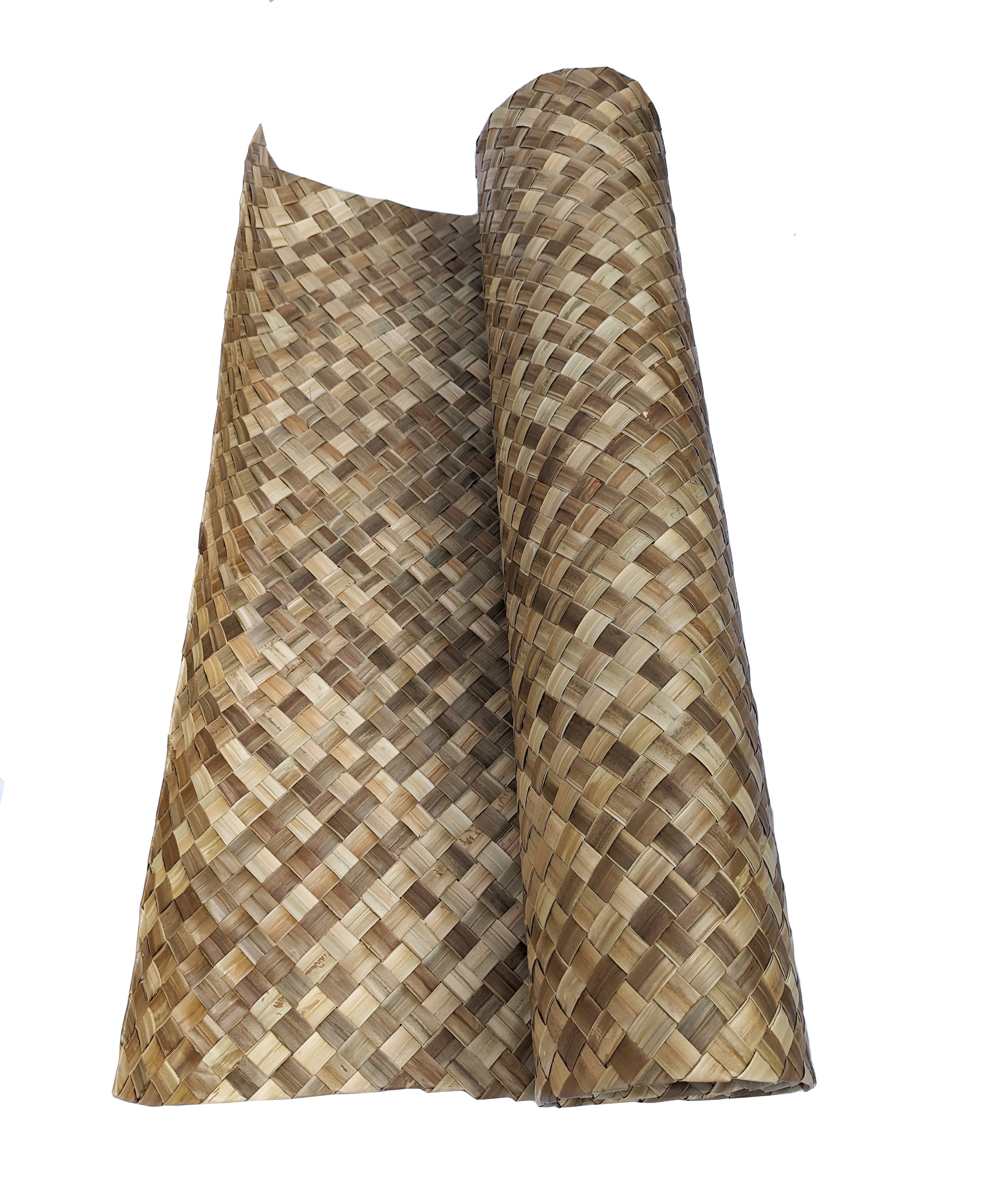 Handwoven brown straw basket with a rolled mat