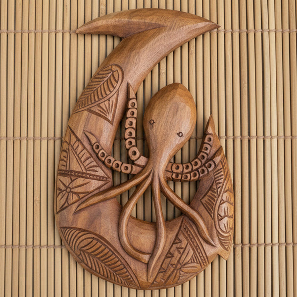 5 inch carved hawaiian fish hook Makau Octopus Hand-Carved Wood Hanging Polynesian Decor 16