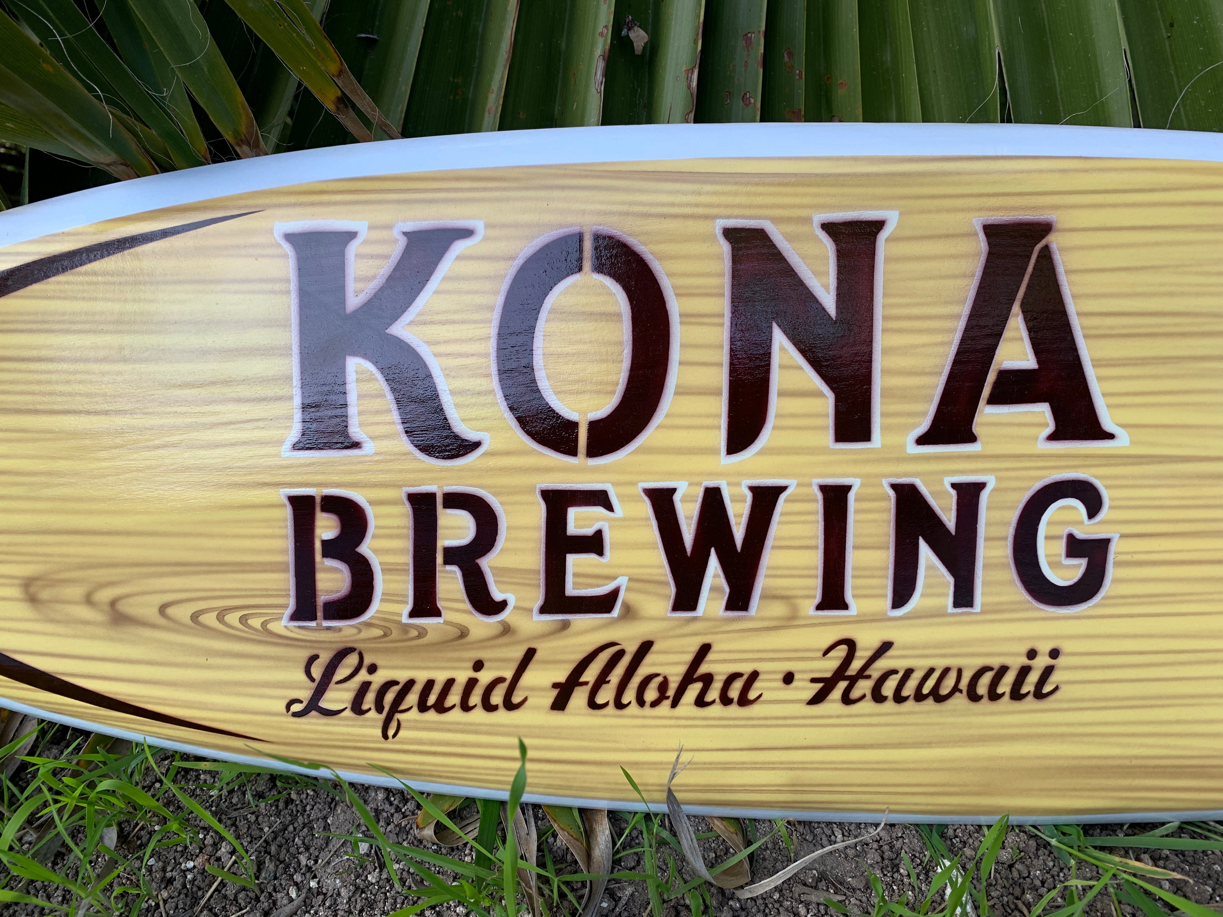 Kona Brewing wooden signboard with Liquid Aloha Hawaii text