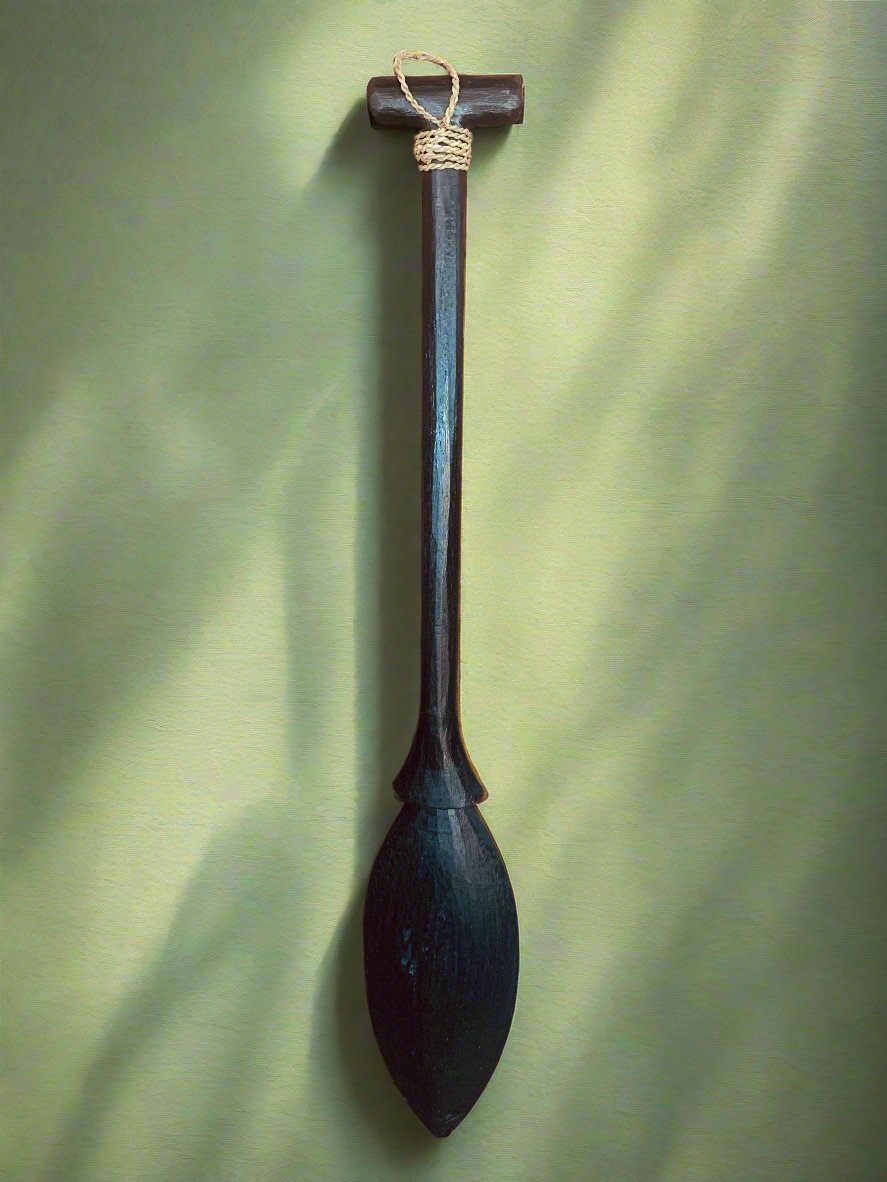 Long dark wooden spoon with long handle and rounded bowl hanging on a green wall