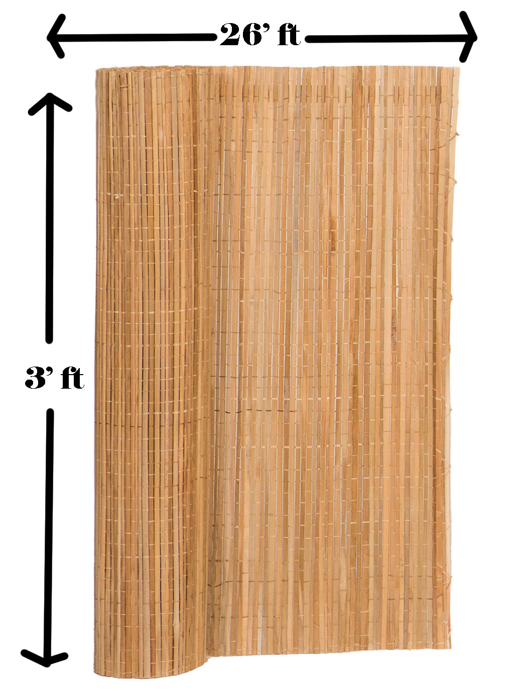 Natural bamboo roll-up shade with vertical slats, 26ft wide by 3ft tall