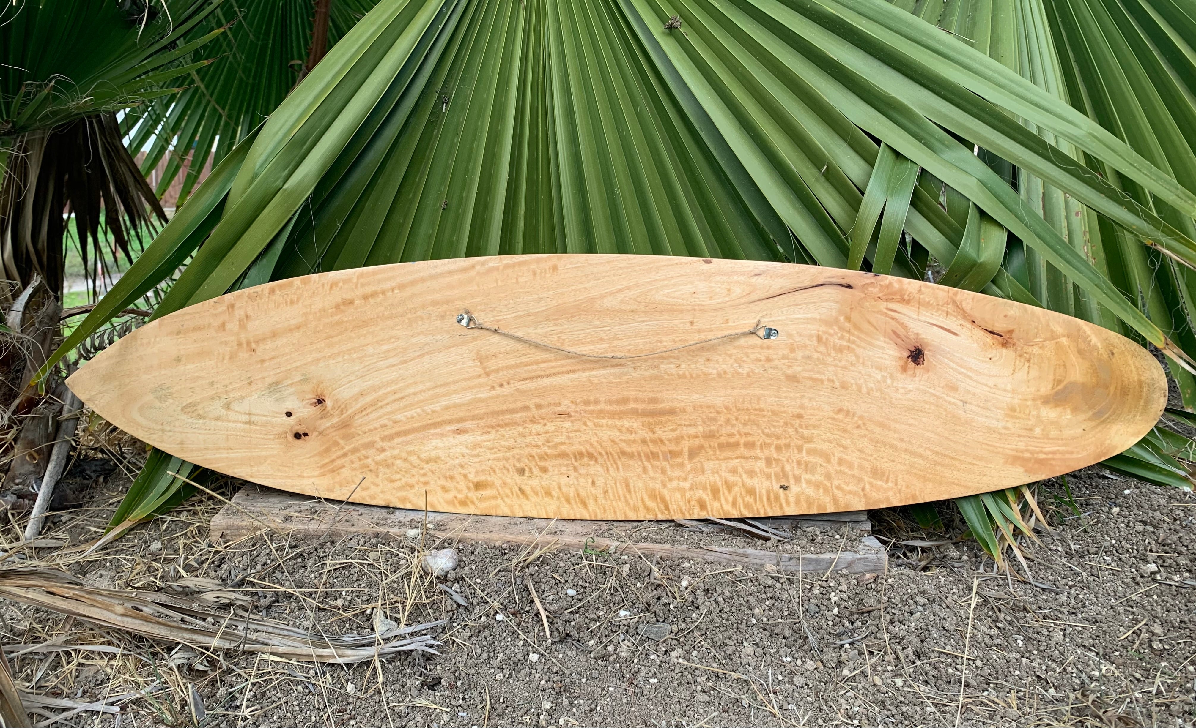 Natural wooden surfboard with a leash resting outdoors beside palm leaves